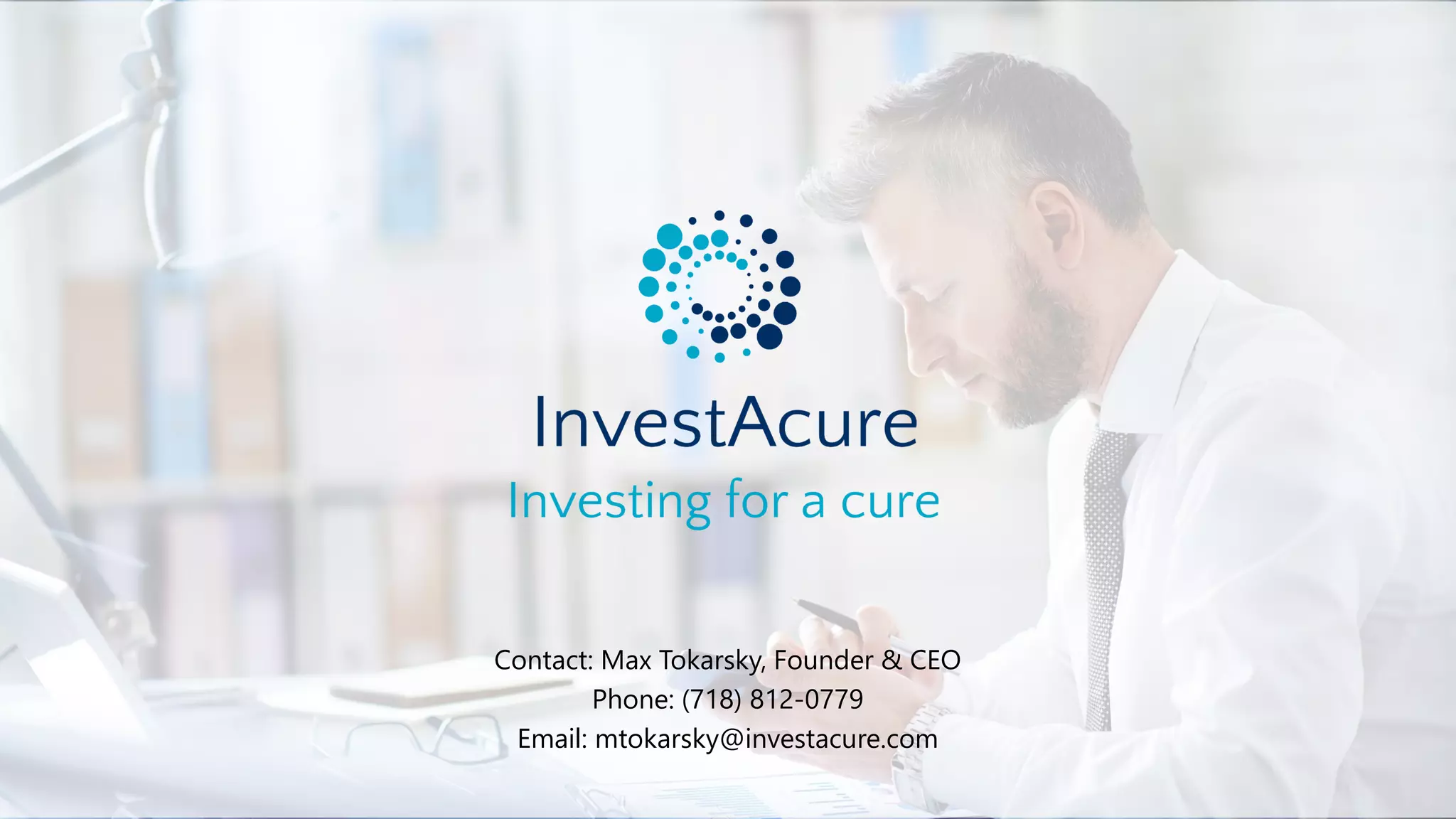 Cover slide of the InvestAcure PBC pitch deck — Seed 2019