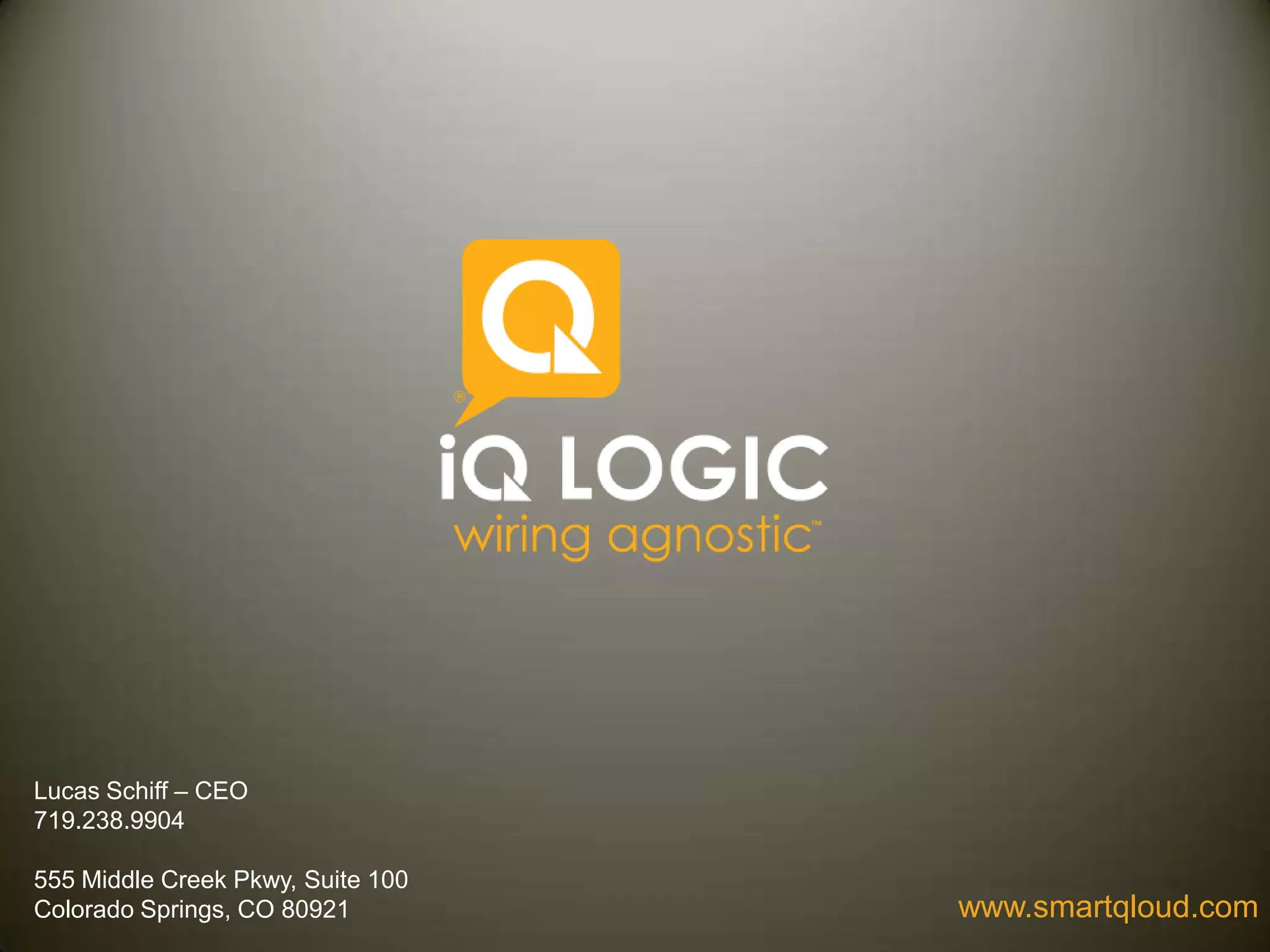 Cover slide of the iQ Logic pitch deck — Pre-revenue / Seed 2013