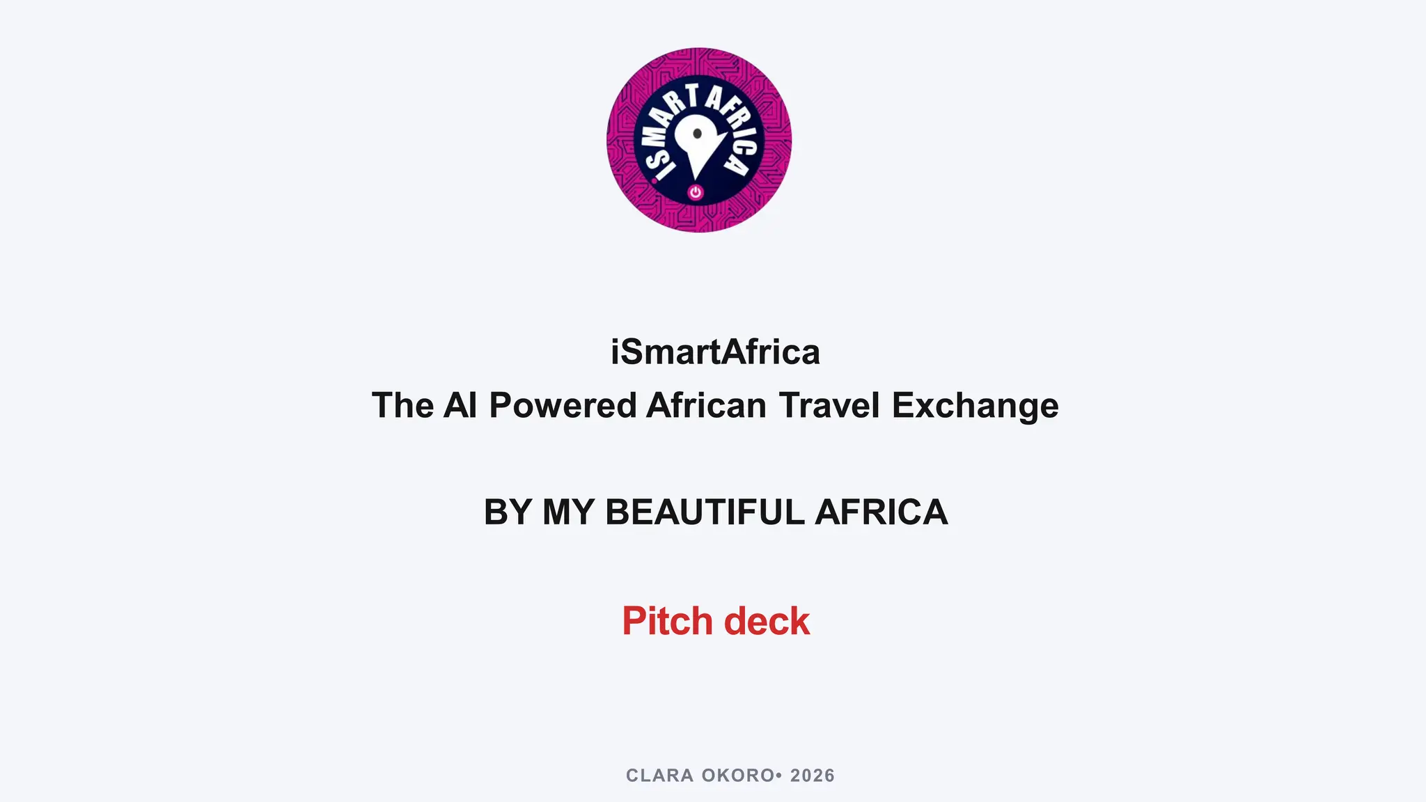 Cover slide of the iSmartAfrica (by My Beautiful Africa) pitch deck — 2026