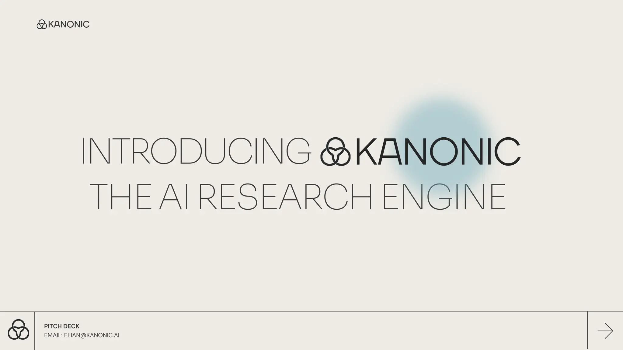 Cover slide of the KANONIC pitch deck — Pre-Seed (Grant funded) 2025