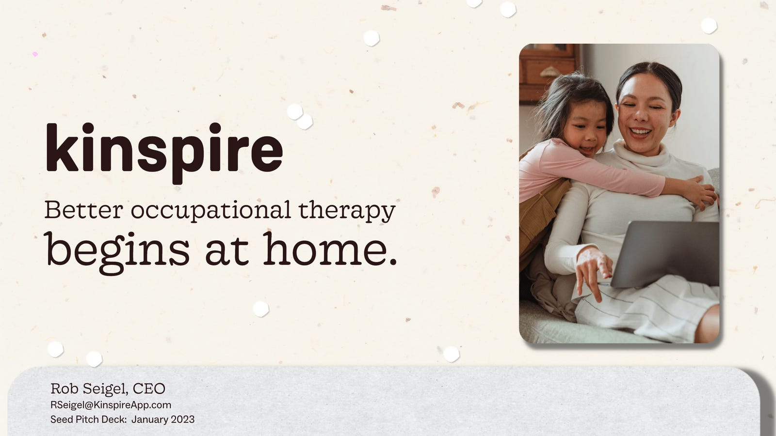 Cover slide of the Kinspire pitch deck — Seed 2024