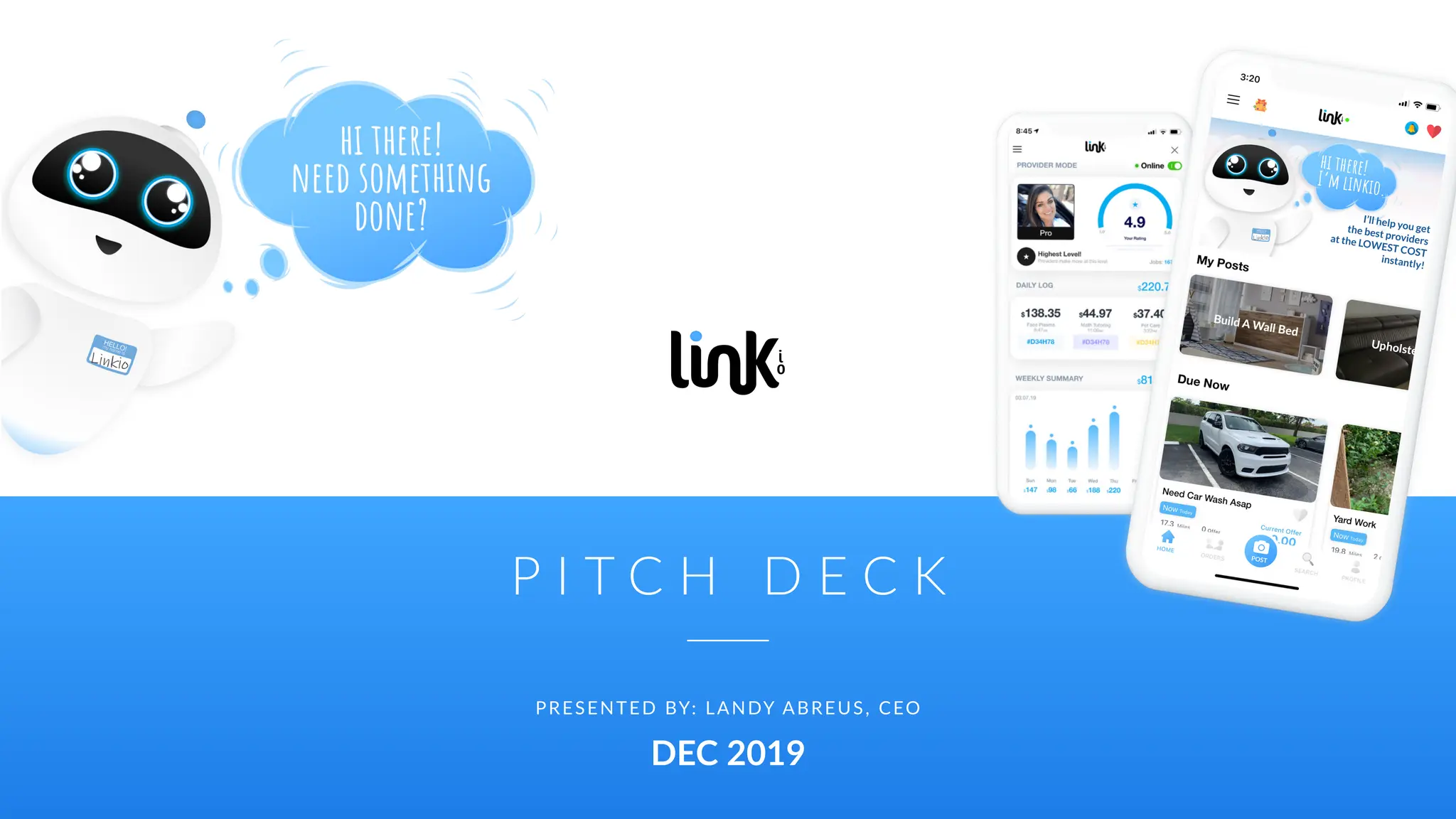 Cover slide of the Linkio pitch deck — Seed/Series A 2019