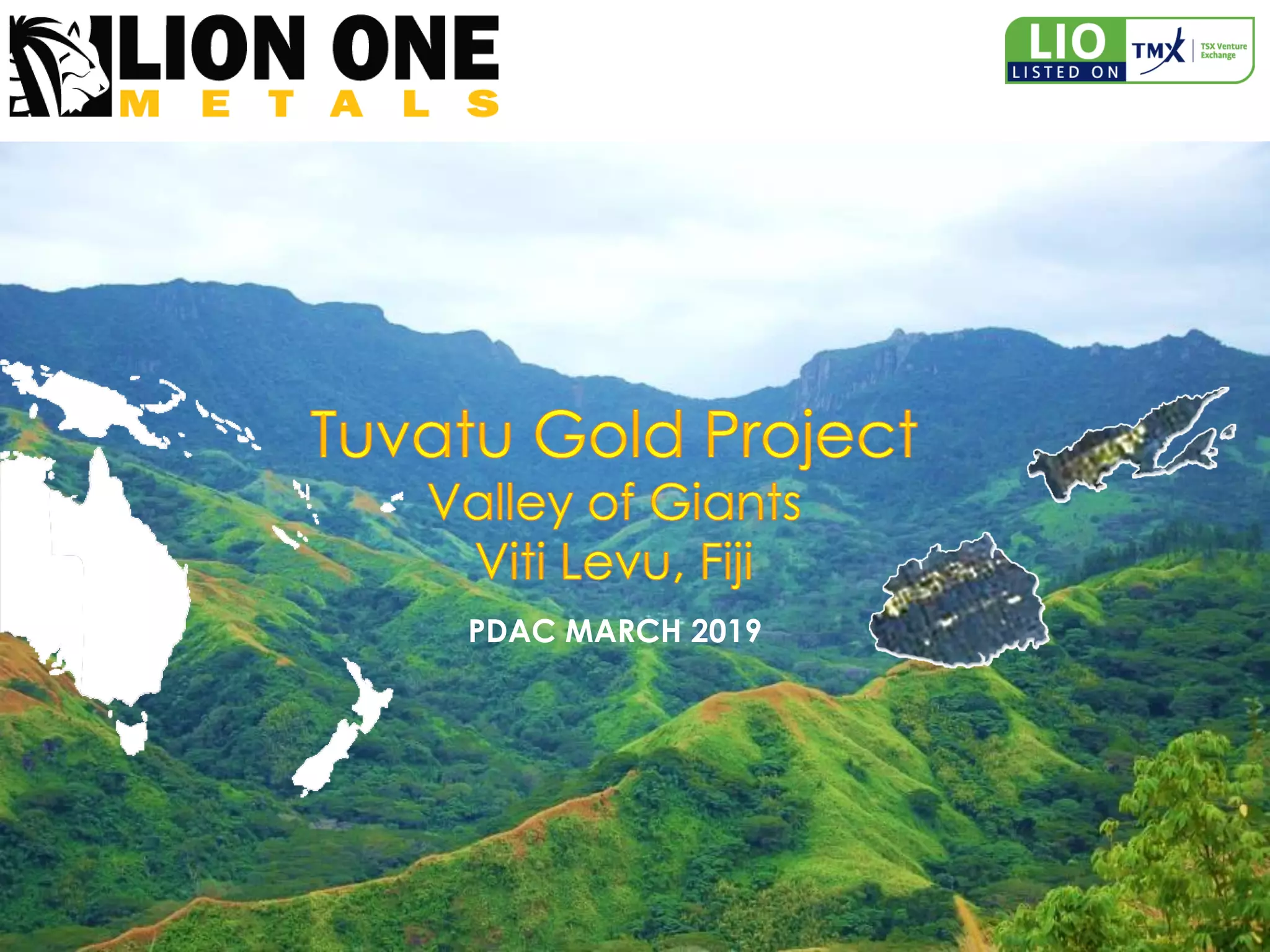 Cover slide of the Lion One Metals pitch deck — Public (TSX-V: LIO) 2019