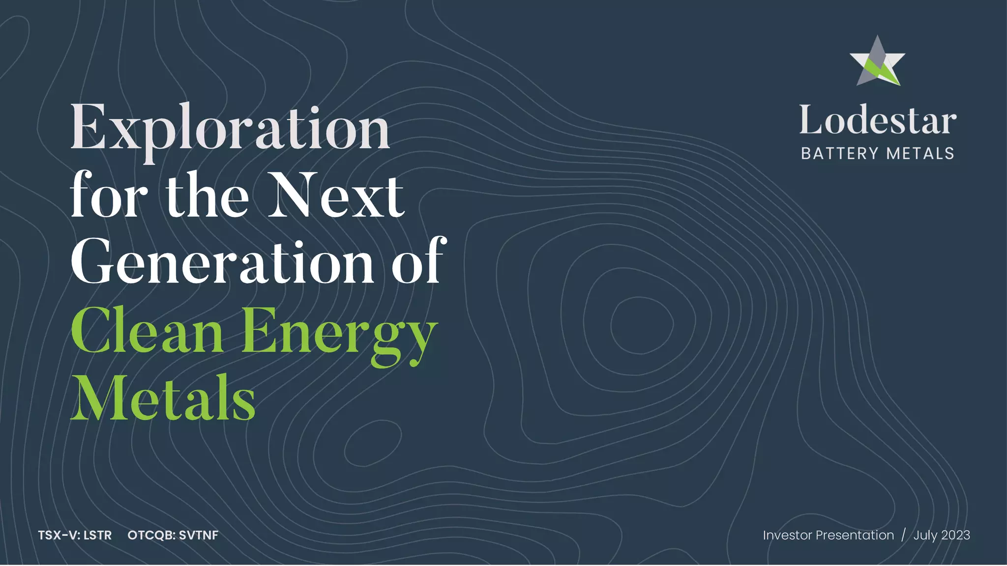Cover slide of the Lodestar Battery Metals pitch deck — Public (Micro-cap) 2023