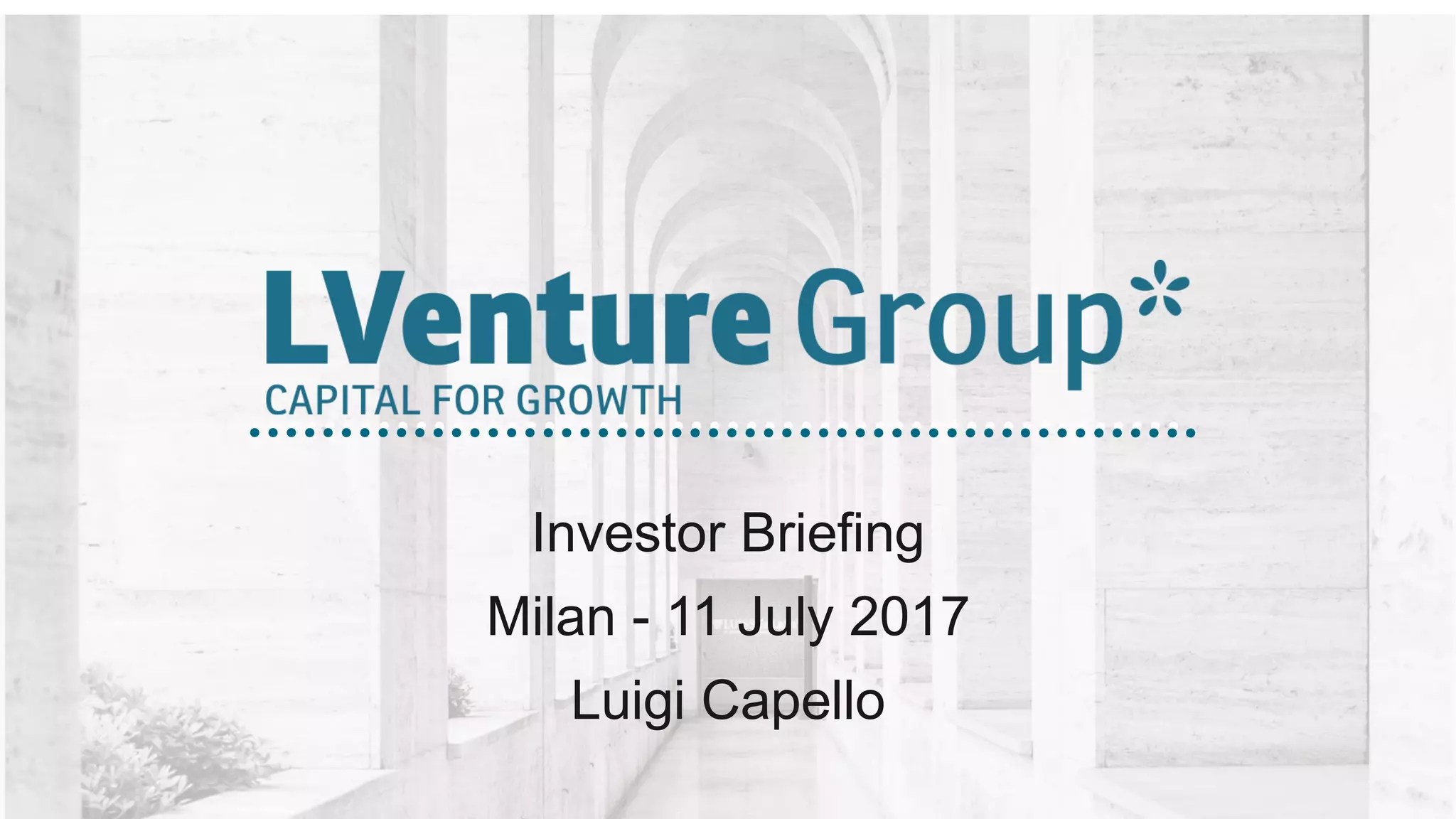 Cover slide of the LVenture Group pitch deck — 2017