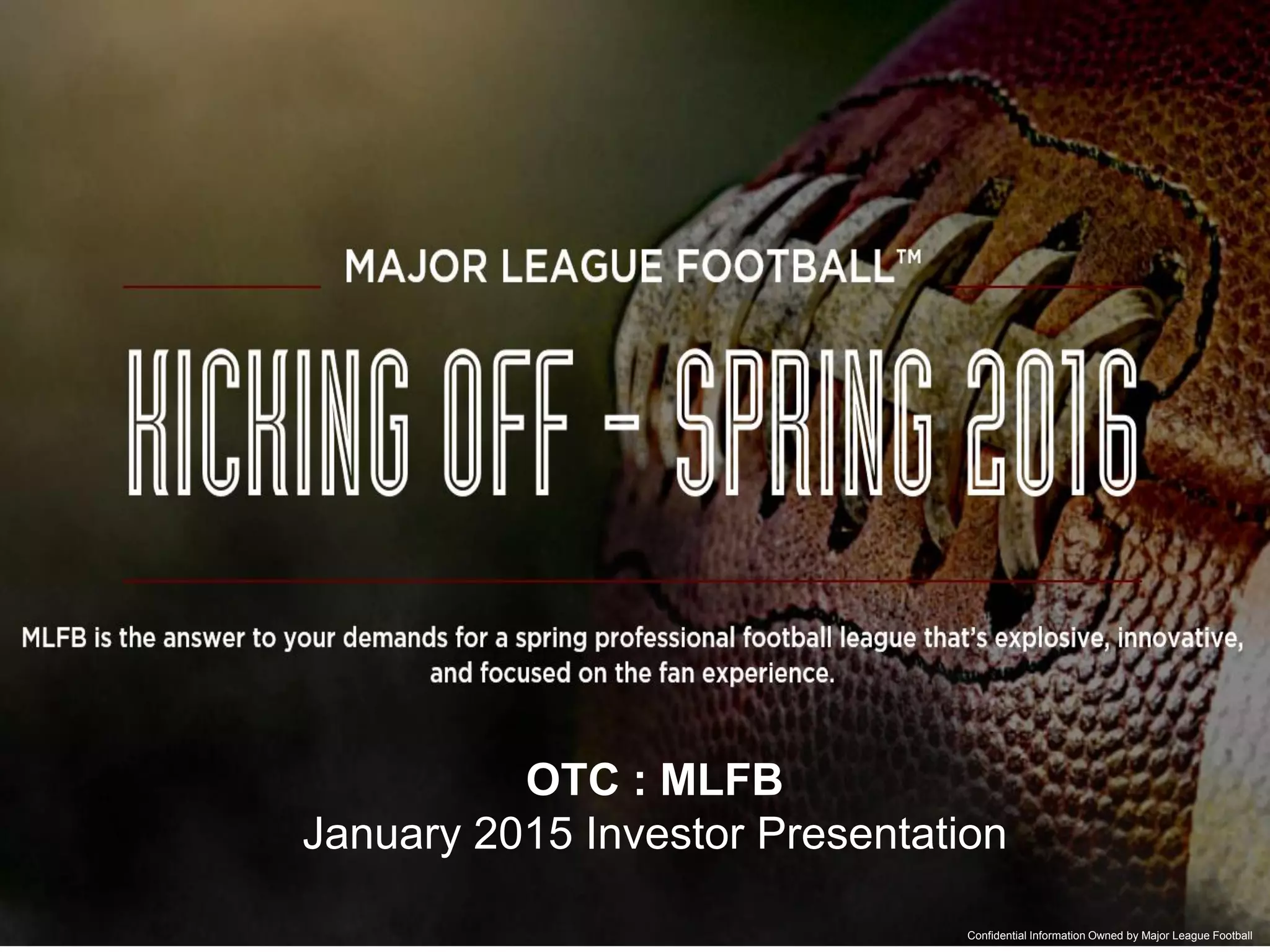 Cover slide of the Major League Football (MLFB) pitch deck — Public (OTCQB) 2015