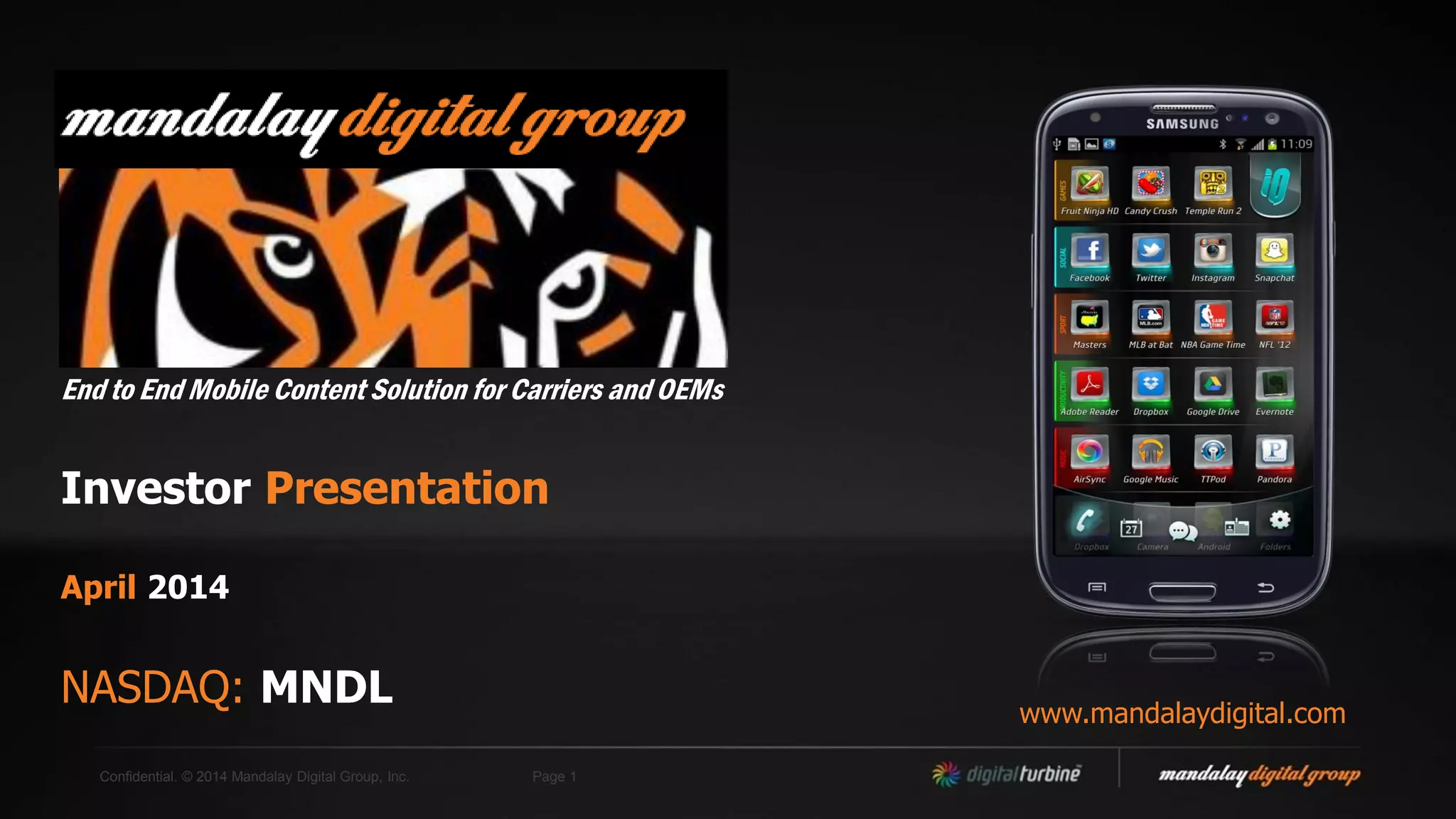 Cover slide of the Mandalay Digital Group (now Digital Turbine) pitch deck — Public (NASDAQ: MNDL) 2014