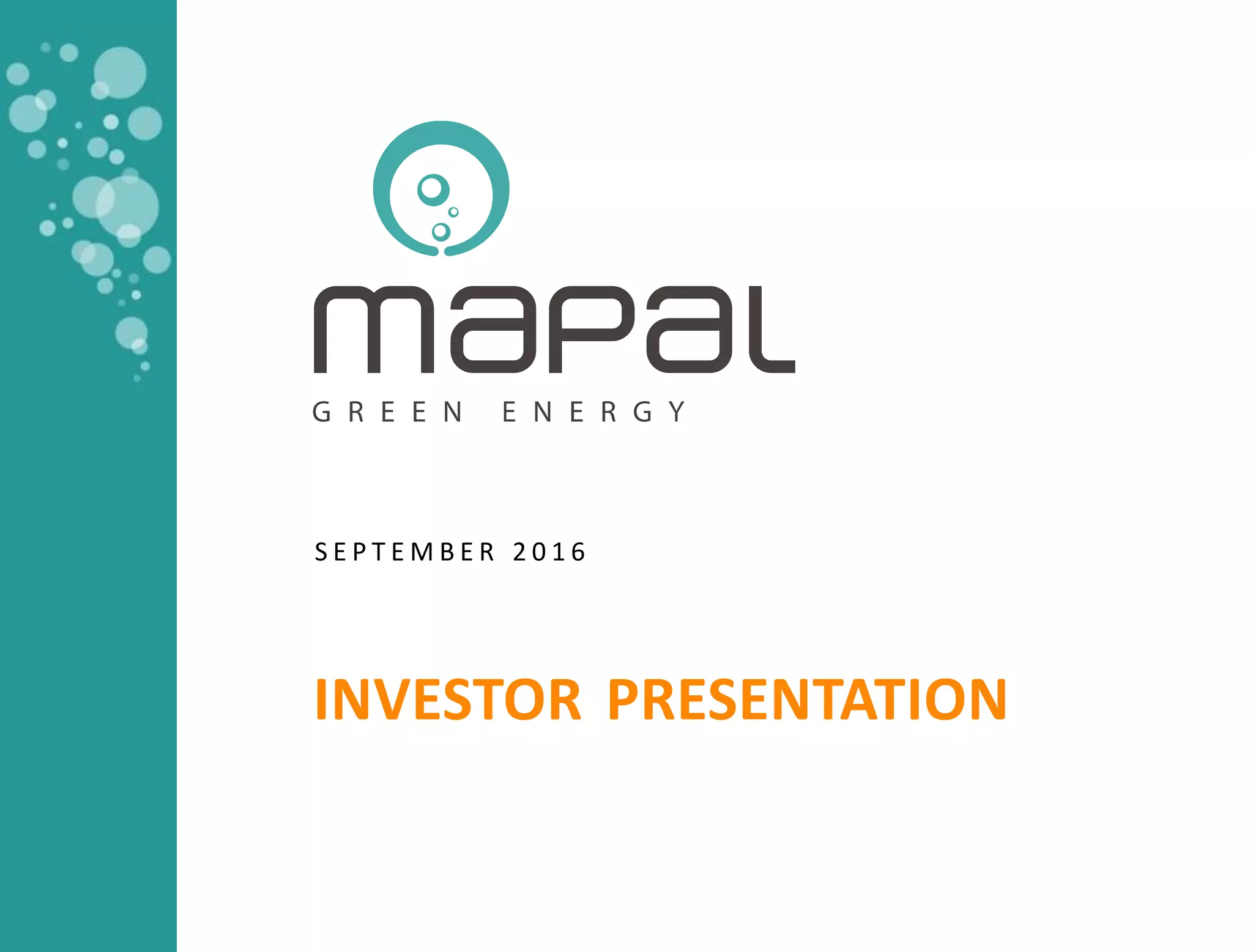 Cover slide of the Mapal Green Energy pitch deck — 2016