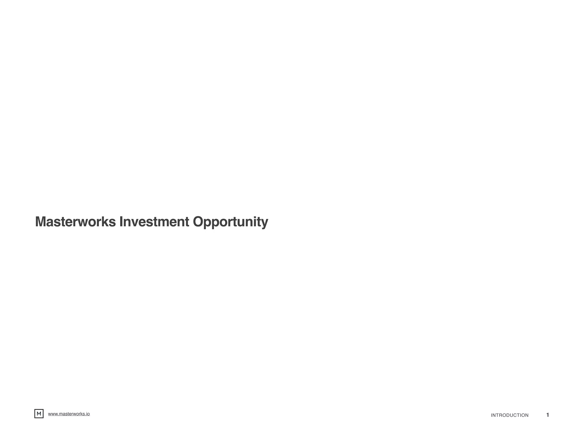 Cover slide of the Masterworks.io pitch deck — Not stated 2018