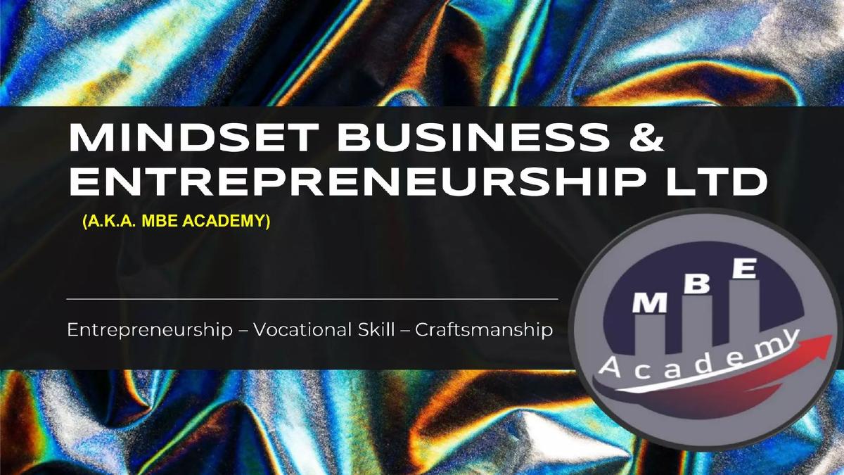 Cover slide of the Mindset Business & Entrepreneurship Ltd (MBE Academy) pitch deck — Early Stage / Seed 2022
