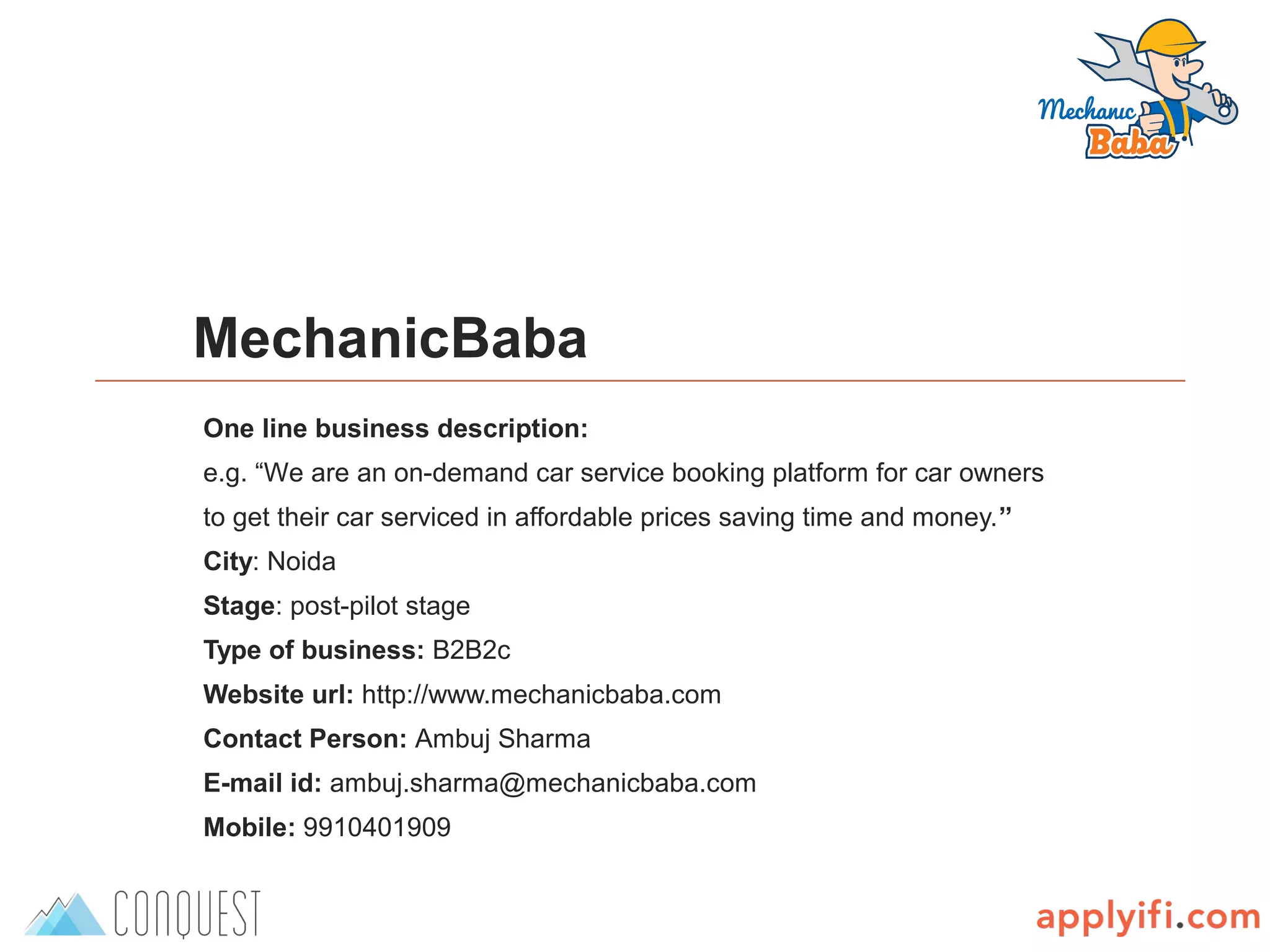 Cover slide of the MechanicBaba pitch deck — Post-pilot