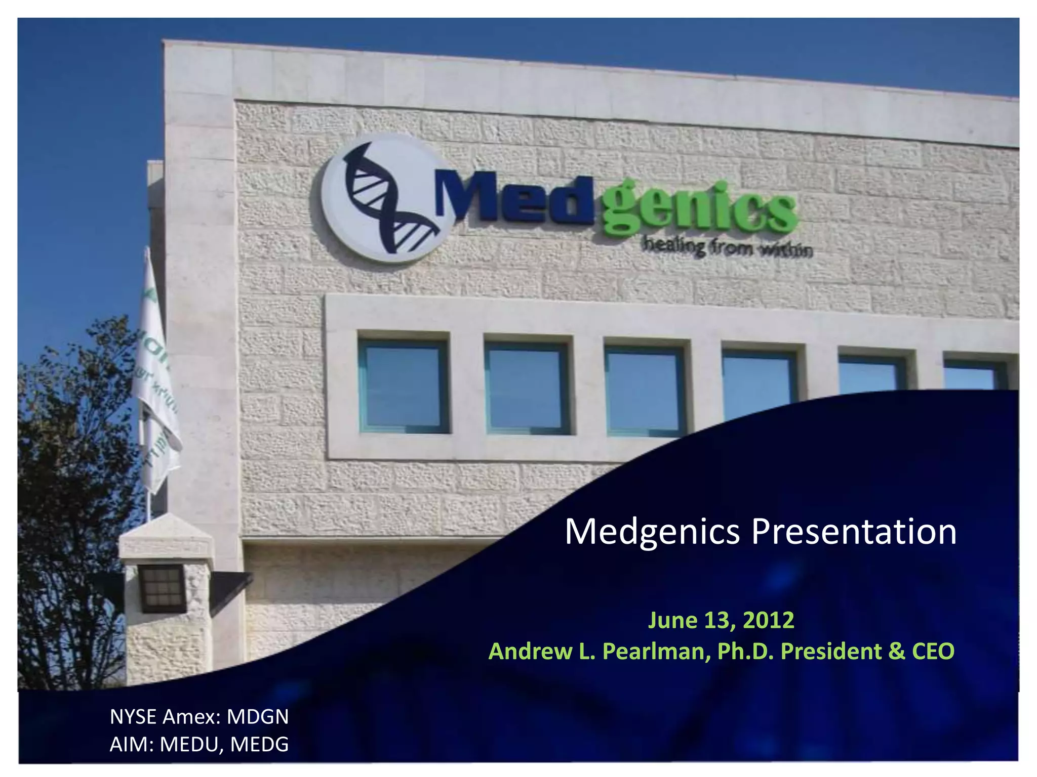 Cover slide of the Medgenics pitch deck — Public (NYSE Amex / AIM) 2012