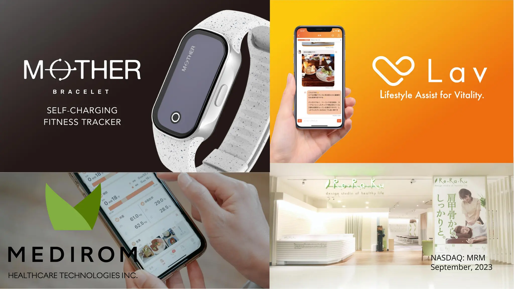 Cover slide of the Medirom Healthcare Technologies Inc. pitch deck — Public (NASDAQ: MRM) 2023