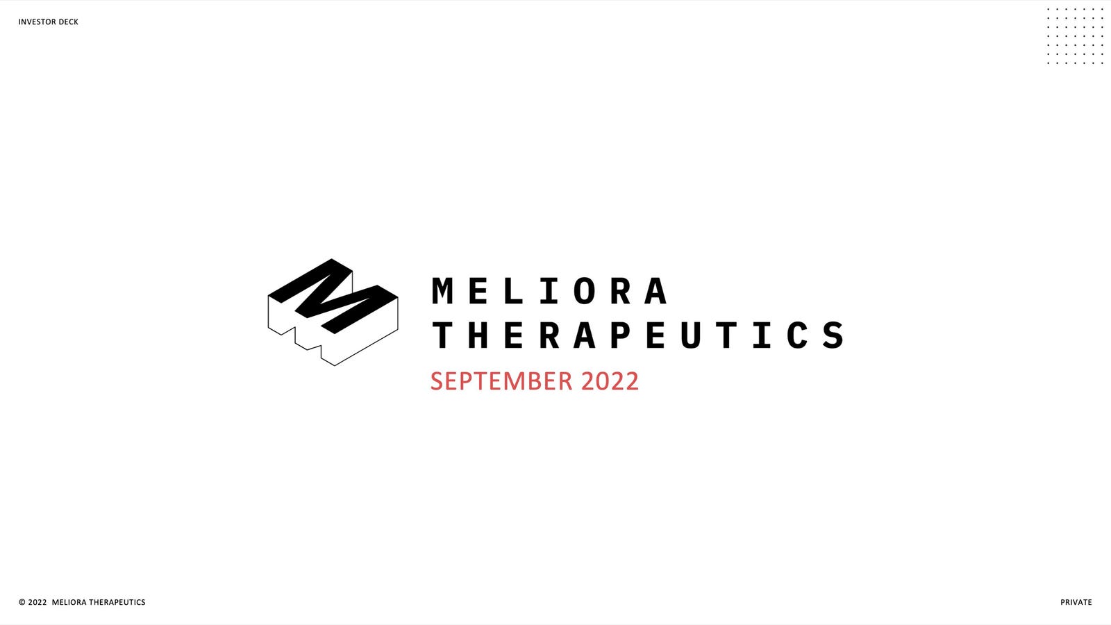 Cover slide of the Meliora Therapeutics pitch deck — Seed 2023