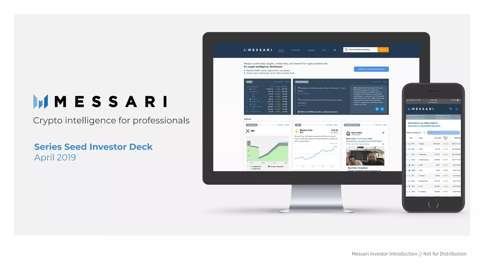 Cover slide of the Messari pitch deck — Series Seed 2019