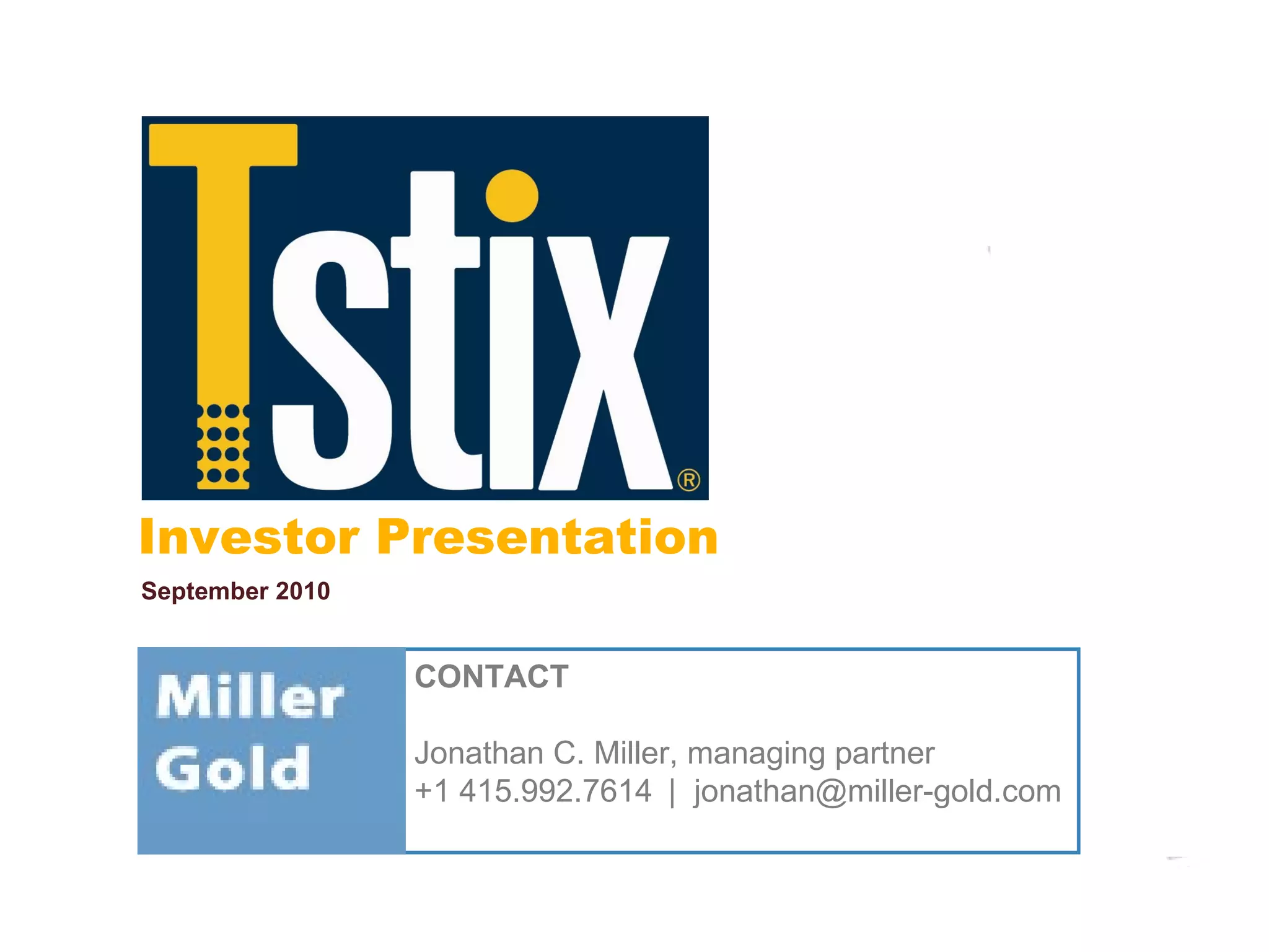 Cover slide of the Mg Tstix pitch deck — Series A 2010