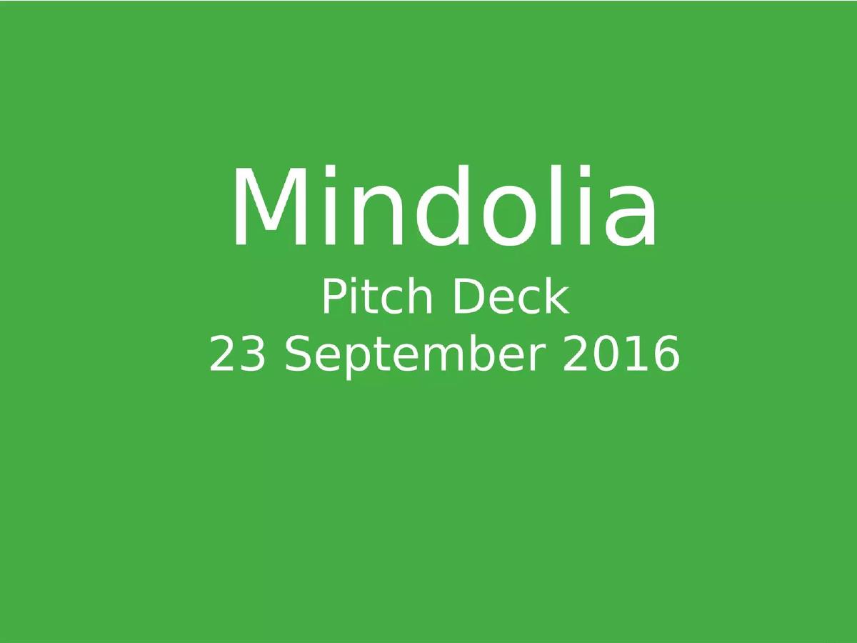 Cover slide of the Mindolia pitch deck — 2016