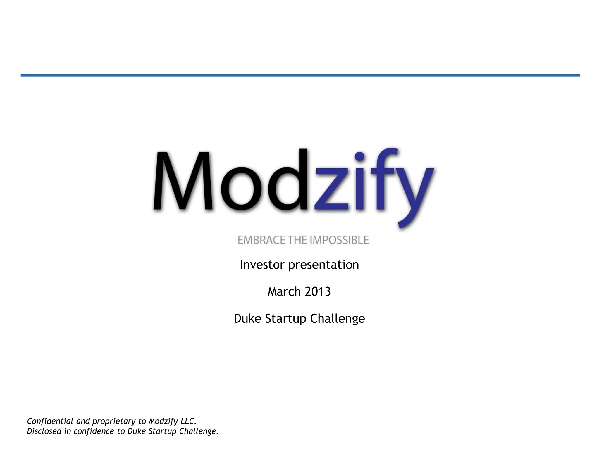 Cover slide of the Modzify pitch deck — 2013