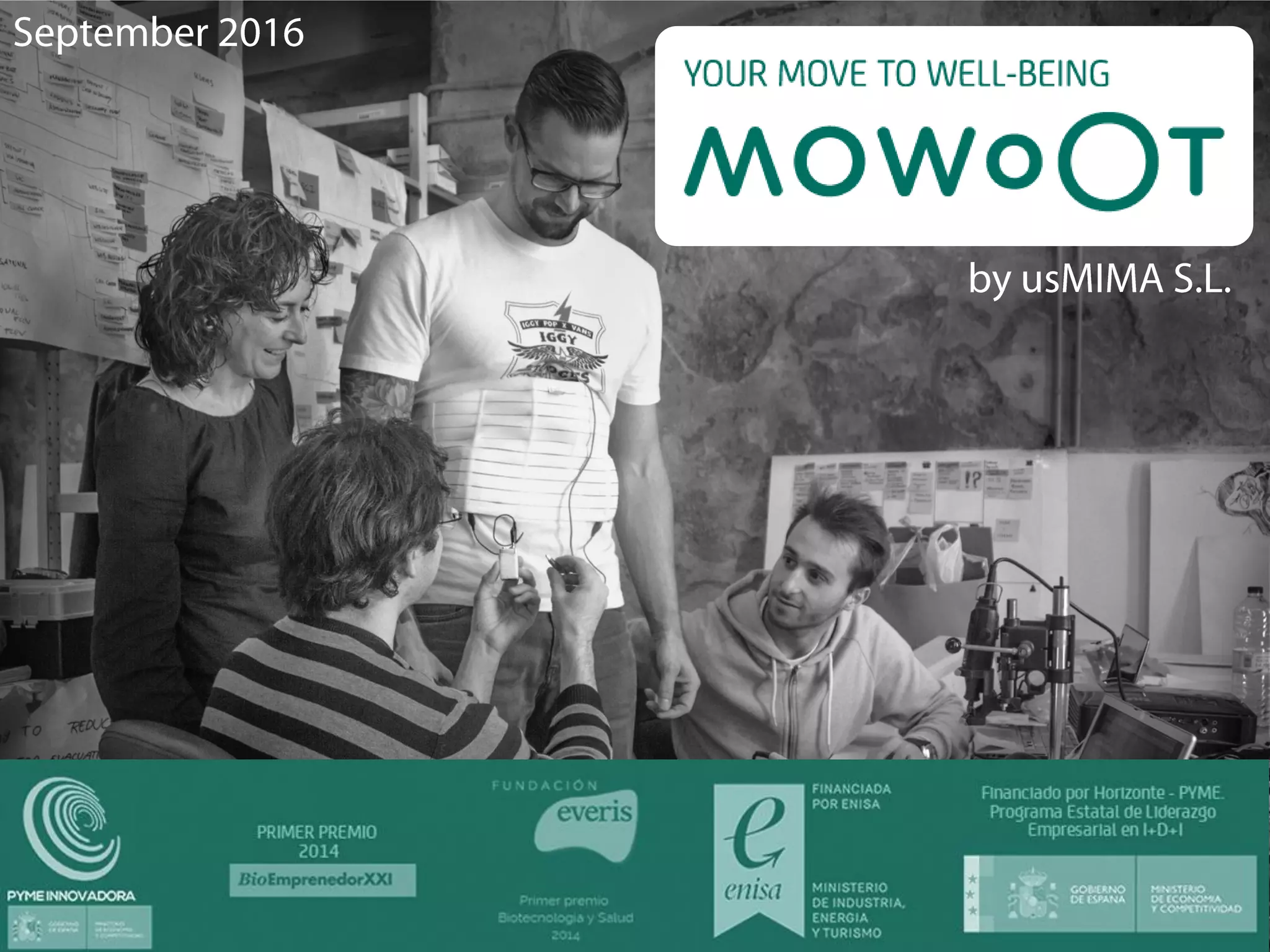Cover slide of the Mowoot (usMIMA S.L.) pitch deck — 2016