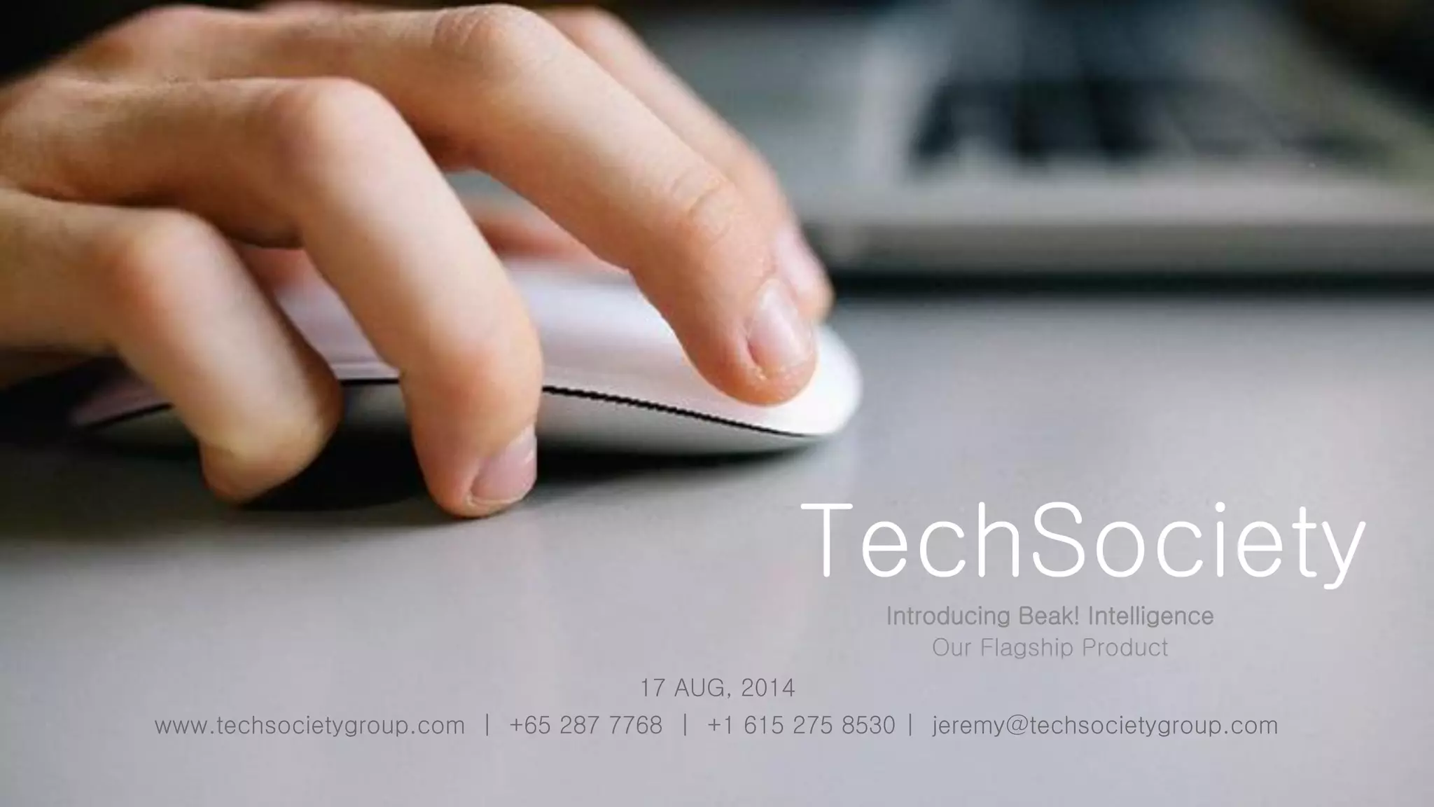 Cover slide of the TechSociety (Beak! Intelligence) pitch deck — 2014