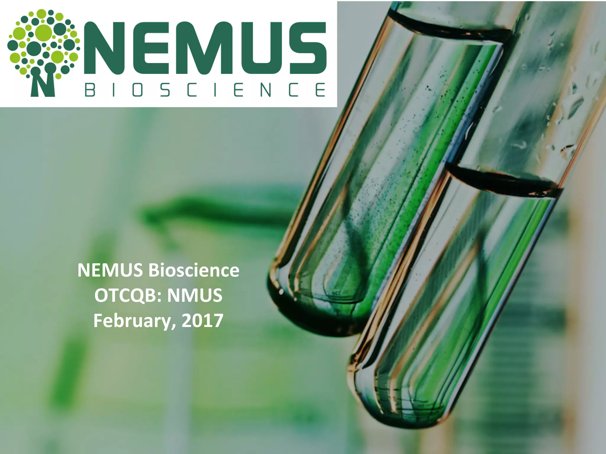 Cover slide of the Nemus Bioscience pitch deck — Public (OTCQB) 2017