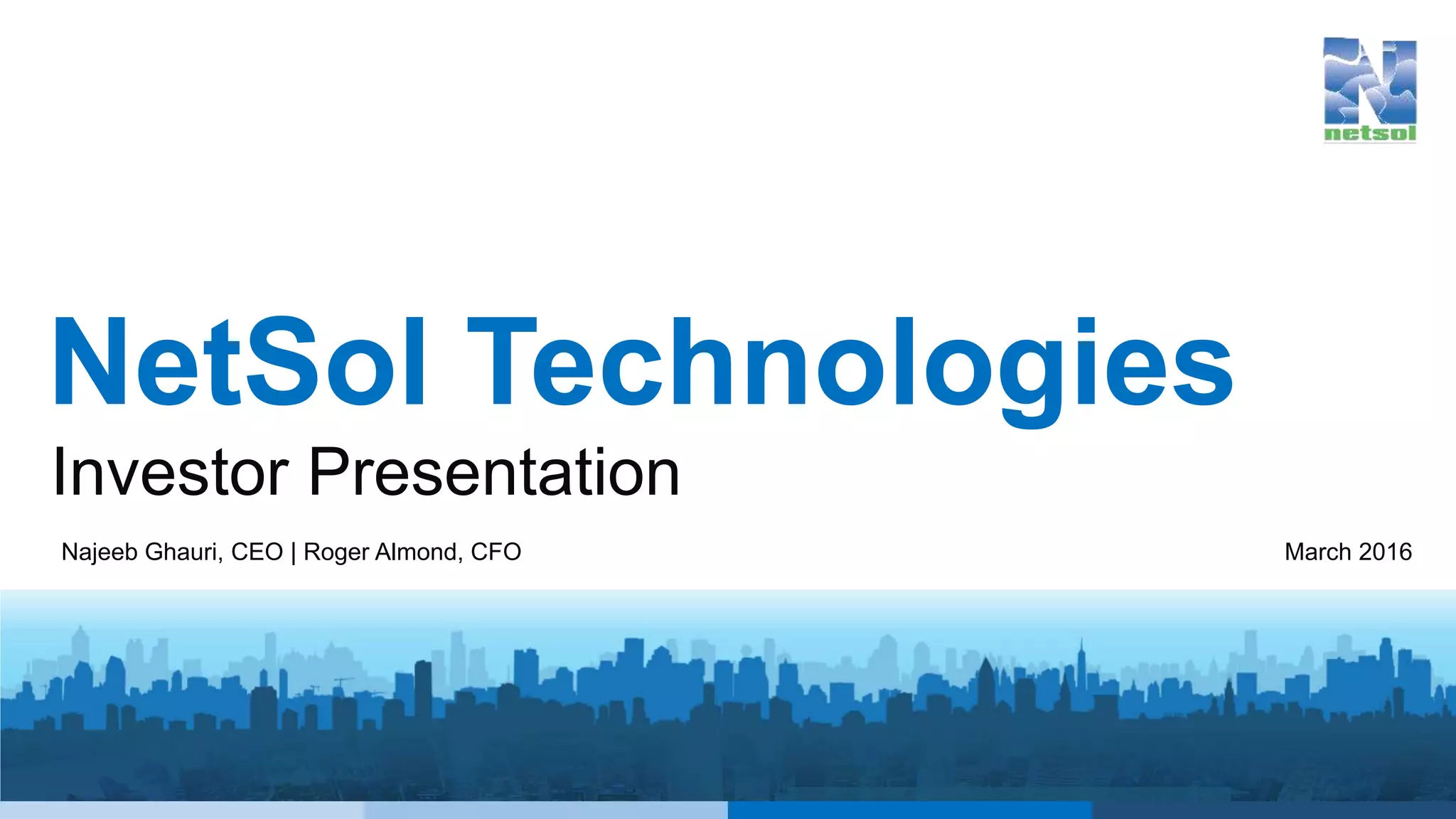 Cover slide of the NetSol Technologies pitch deck — Public (NASDAQ: NTWK) 2016