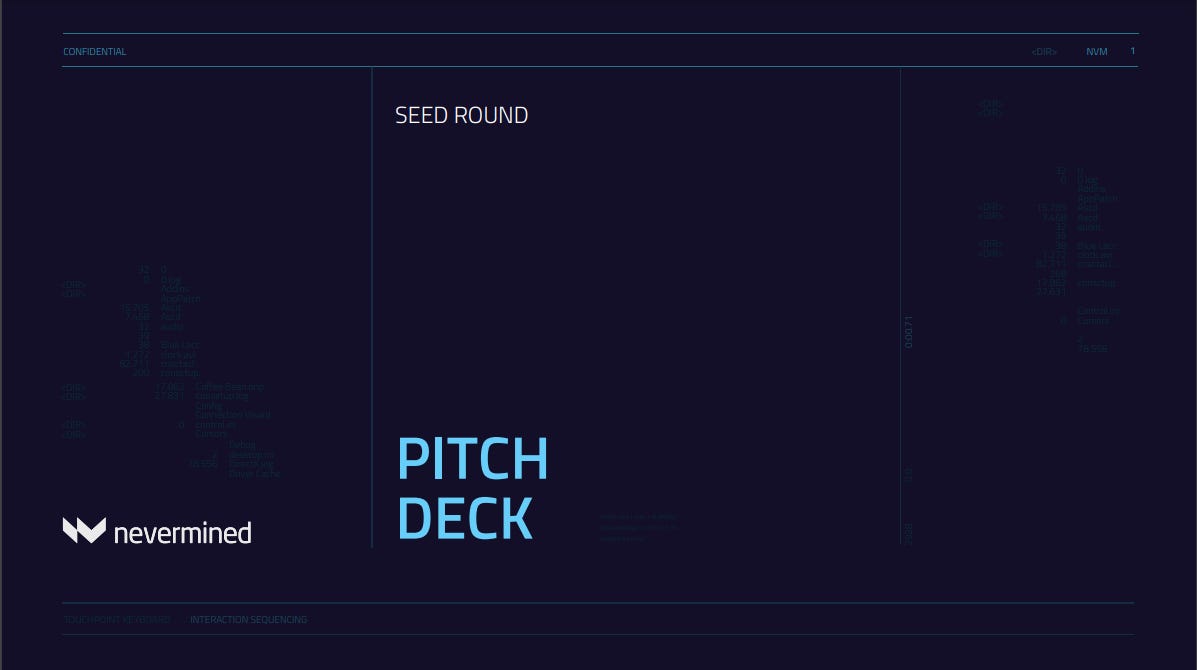 Cover slide of the Nevermined pitch deck — Seed 2023