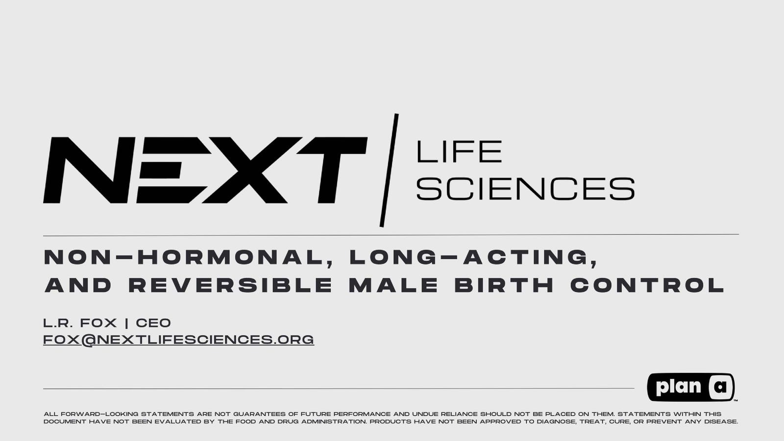 Cover slide of the NEXT Life Sciences pitch deck — Seed 2024