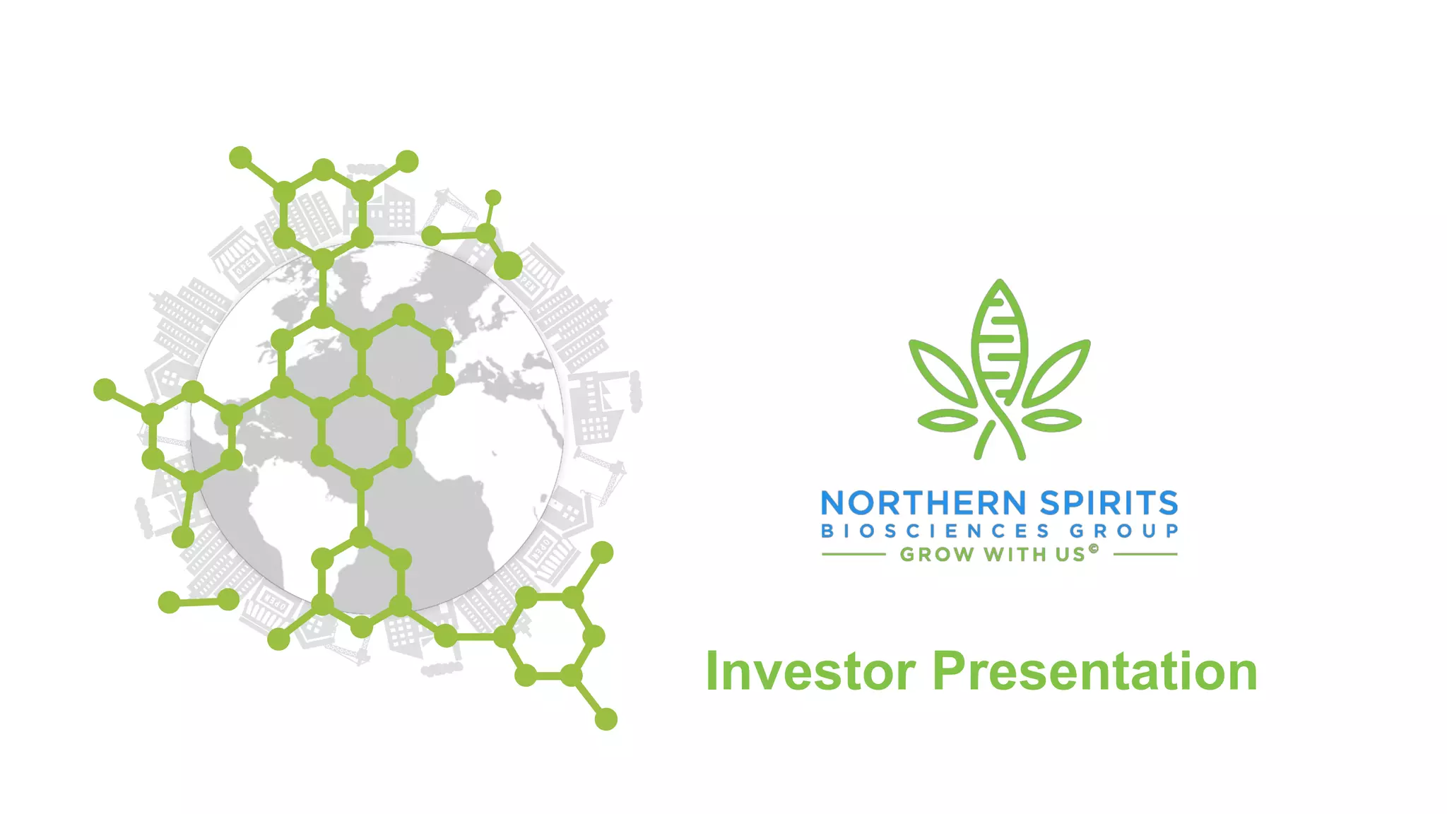 Cover slide of the Northern Spirits Biosciences Group pitch deck — Early Stage / Expansion 2019
