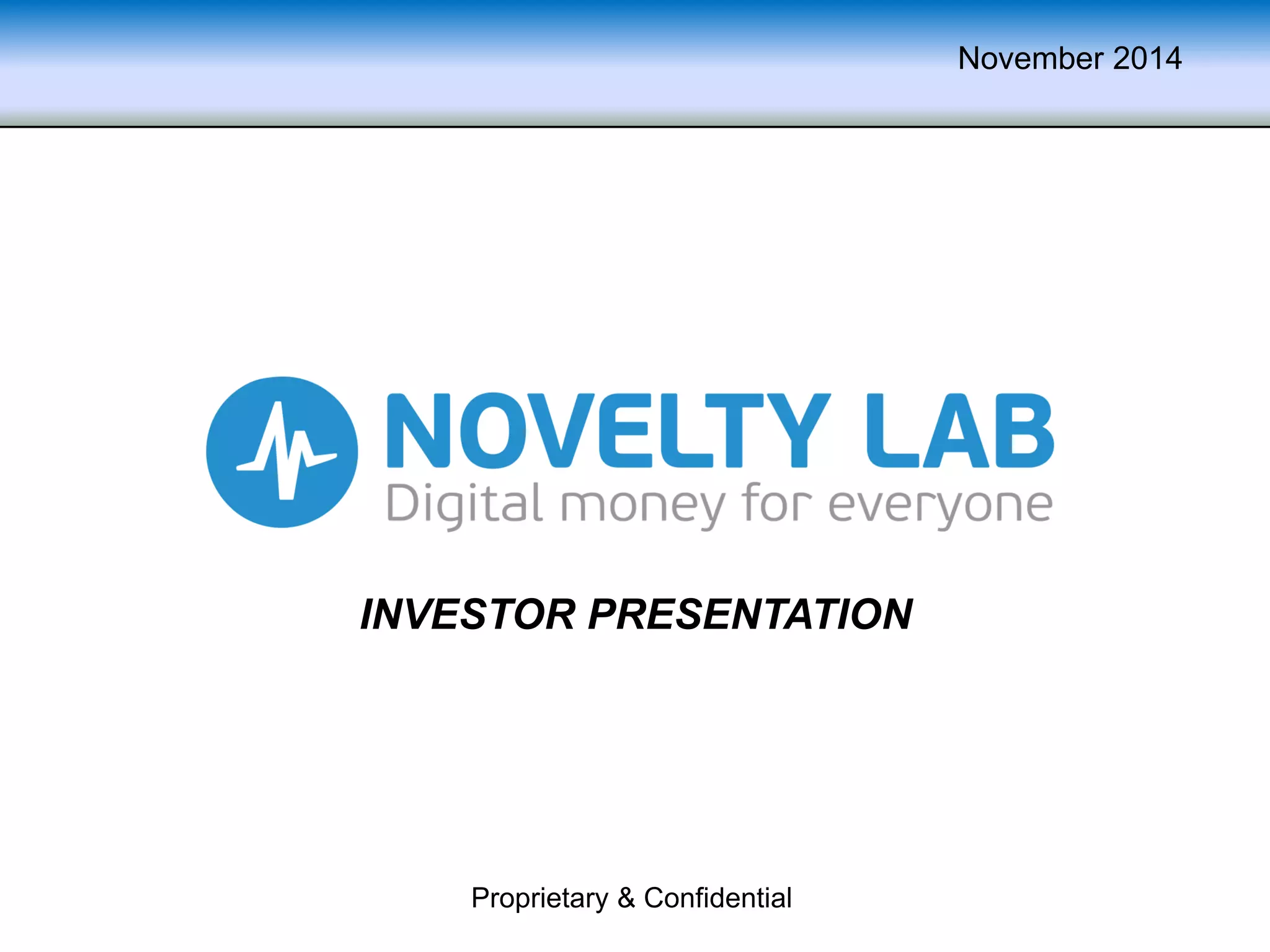 Cover slide of the Novelty Lab pitch deck — Beta / Early Stage 2014