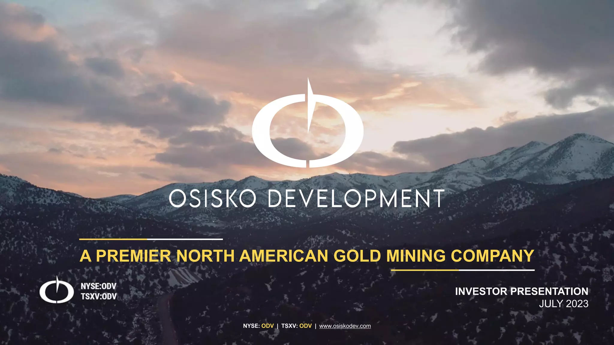 Cover slide of the Osisko Development (ODV) pitch deck — Public (NYSE/TSXV) 2023