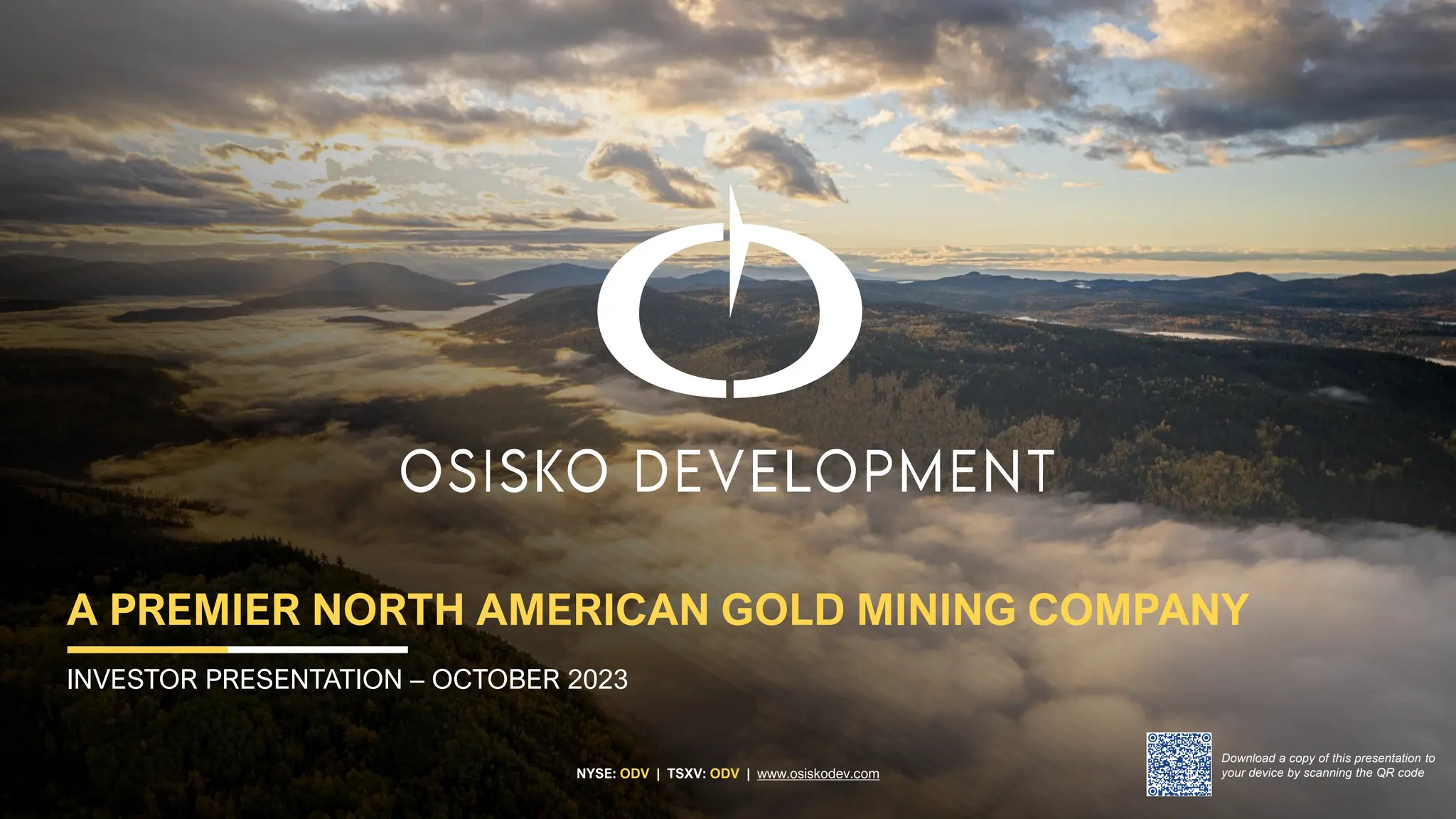 Cover slide of the Osisko Development (ODV) pitch deck — Public (NYSE/TSXV) 2023