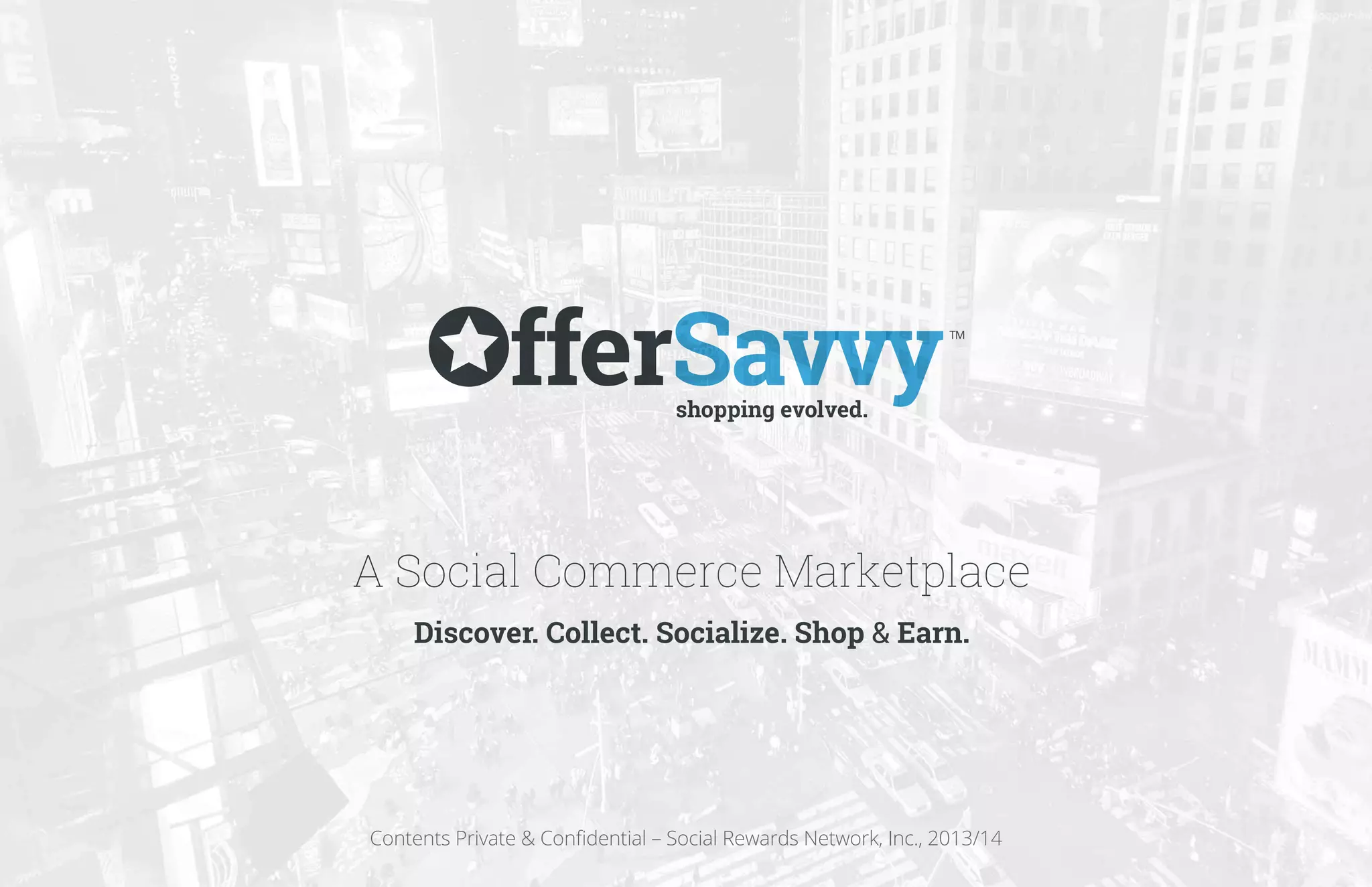 Cover slide of the OfferSavvy (Social Rewards Network, Inc.) pitch deck — 2014