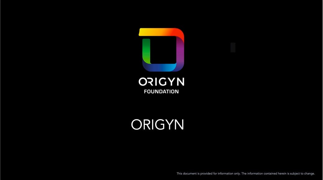 Cover slide of the ORIGYN Foundation pitch deck — Pre-Series A 2021