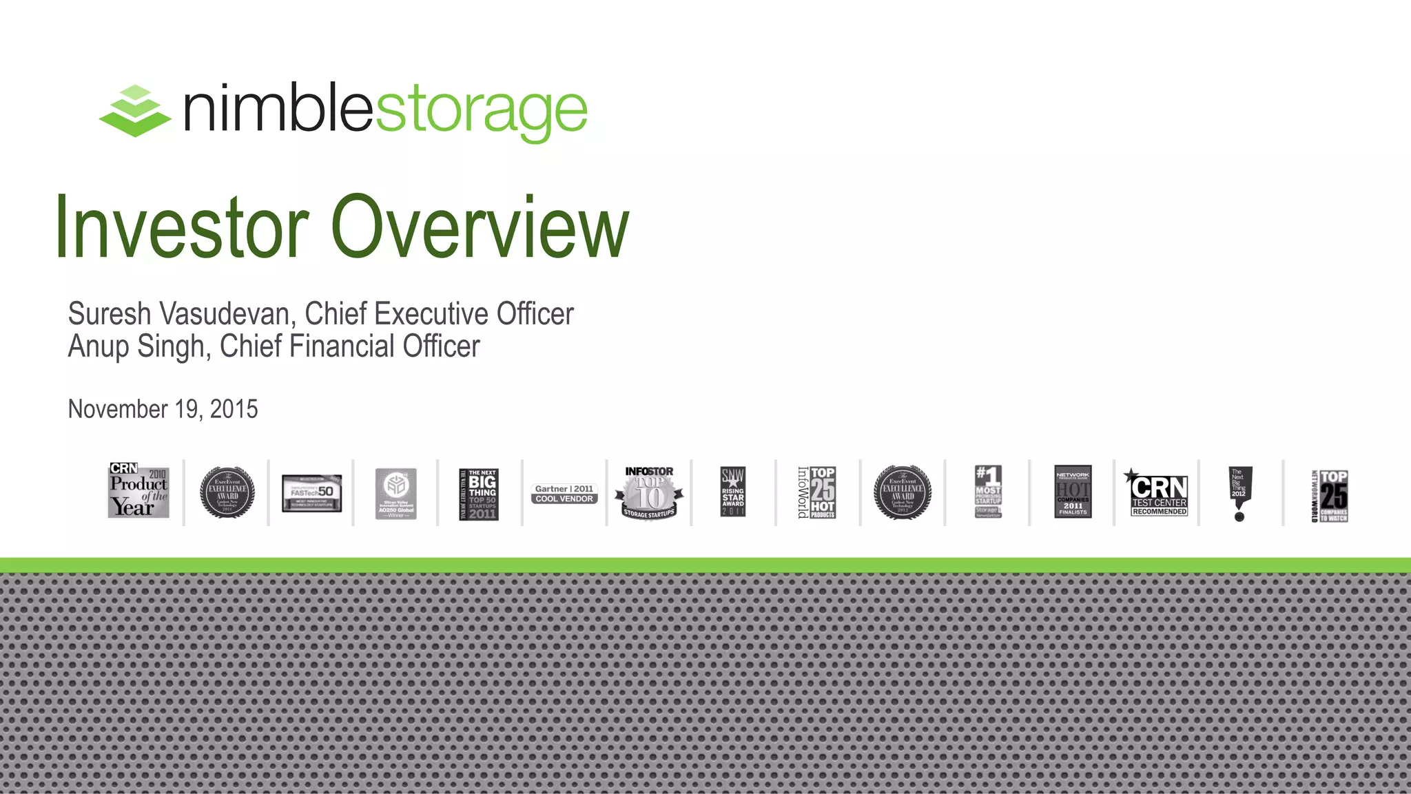 Cover slide of the Nimble Storage pitch deck — Post-IPO / Late Stage 2015