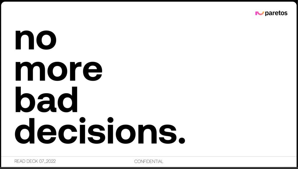 Cover slide of the Paretos pitch deck — Seed 2022