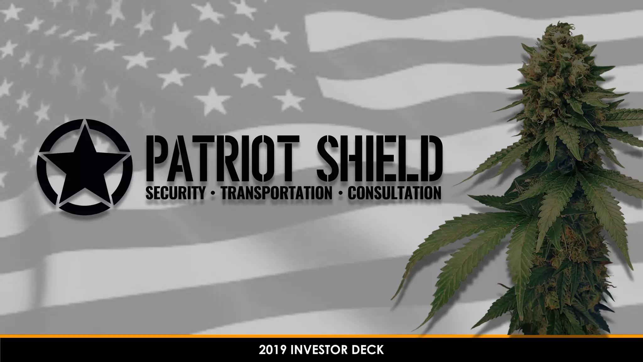 Cover slide of the Patriot Shield pitch deck — Bridge / Pre-IPO 2019