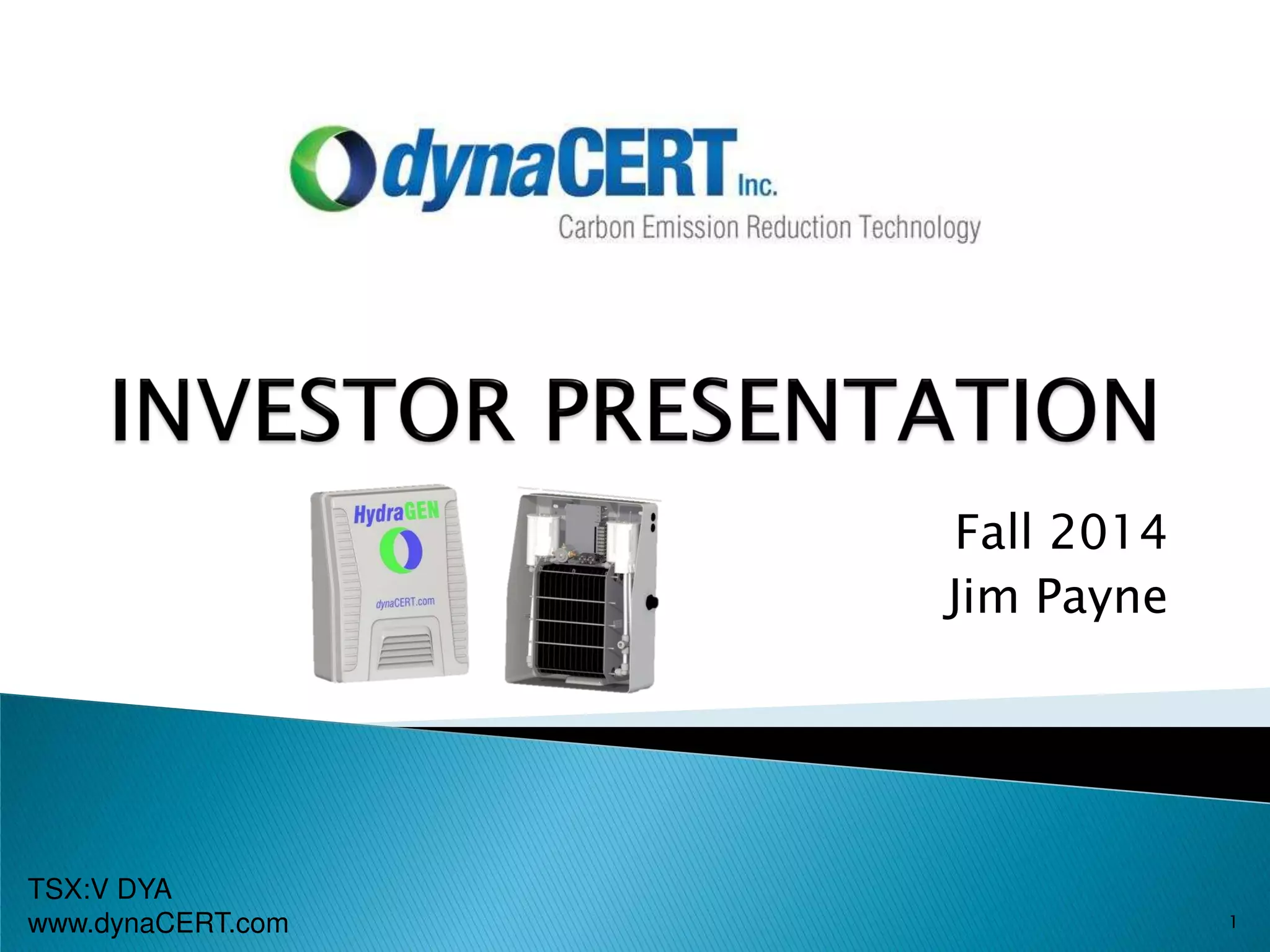 Cover slide of the dynaCERT Inc. pitch deck — 2014