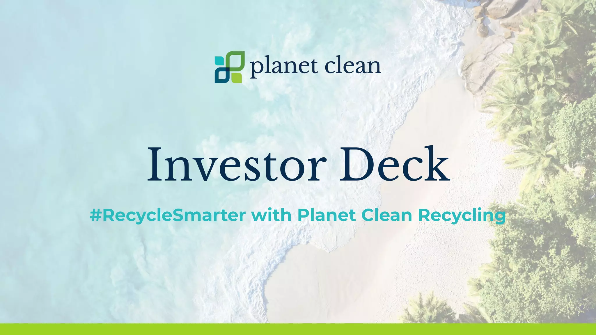 Cover slide of the Planet Clean Recycling International (PCRI) pitch deck — 2020