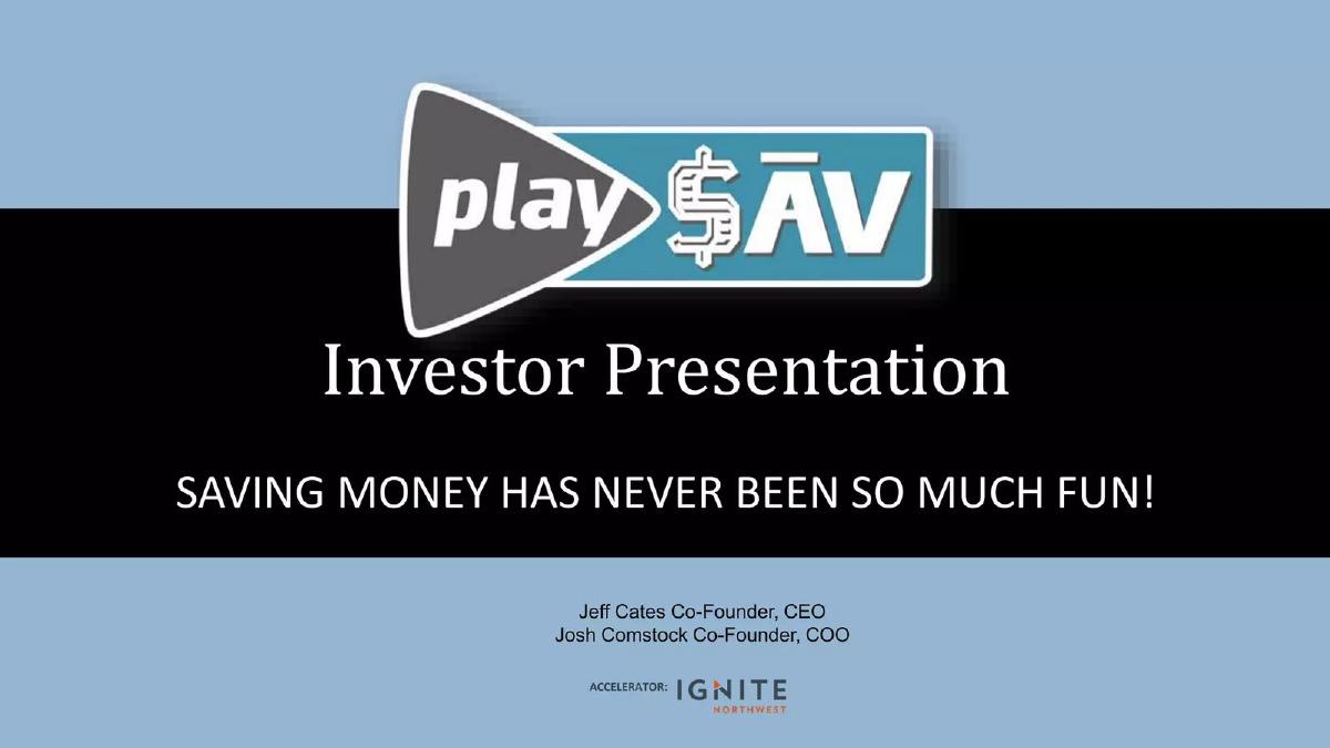 Cover slide of the PlaySav pitch deck — Seed 2017