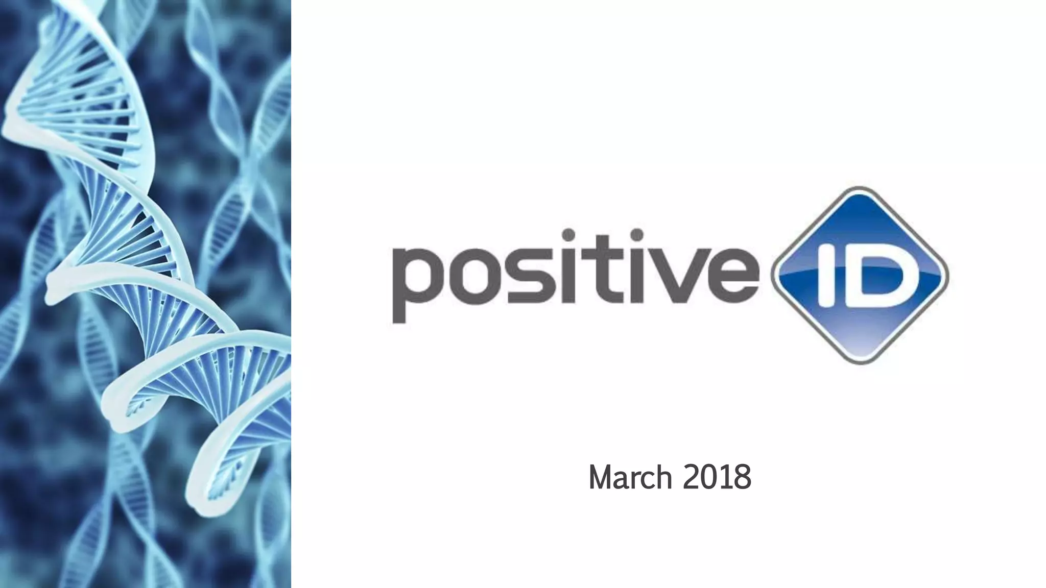 Cover slide of the PositiveID pitch deck — 2018