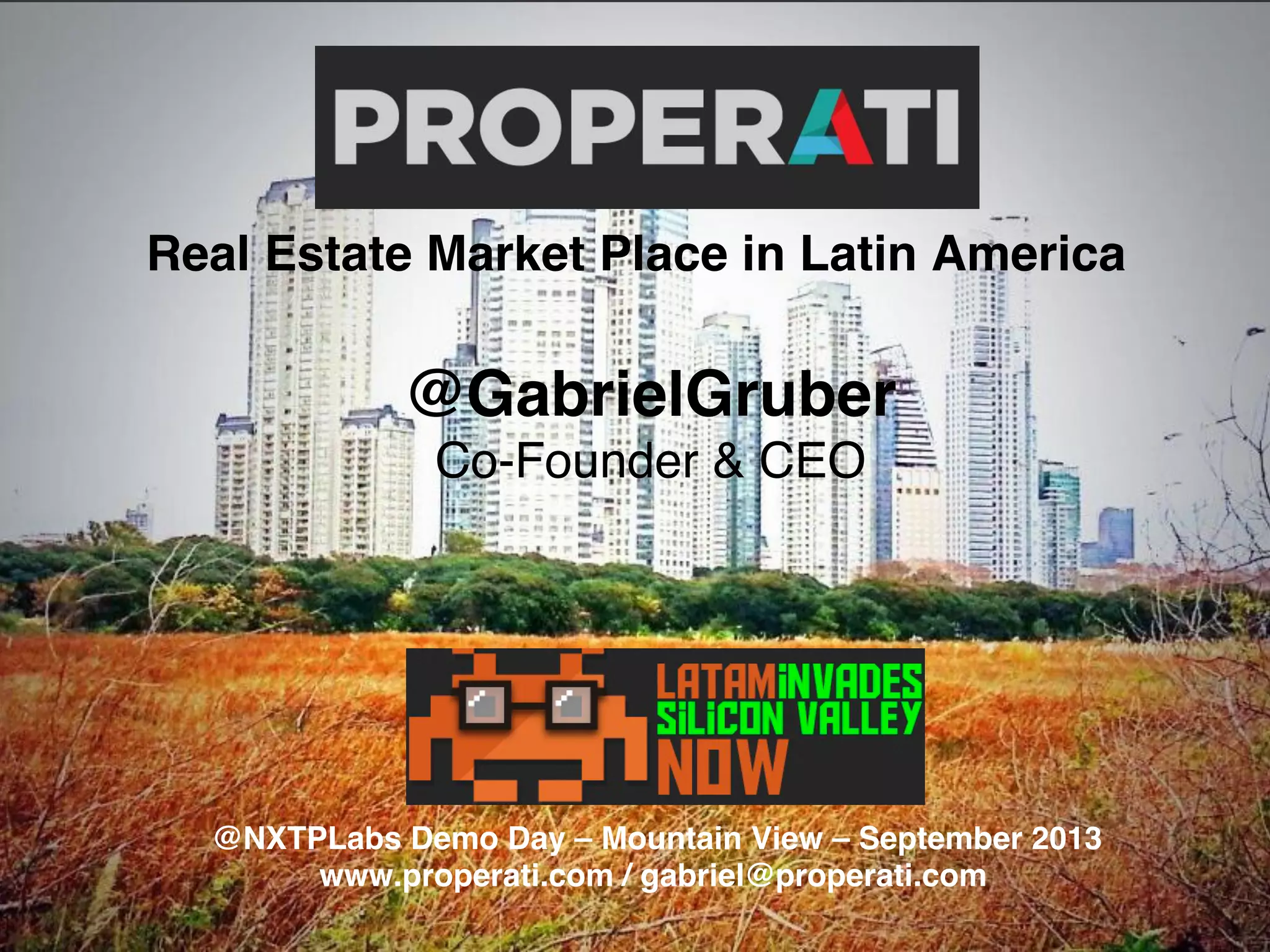 Cover slide of the Properati pitch deck — Series A 2013