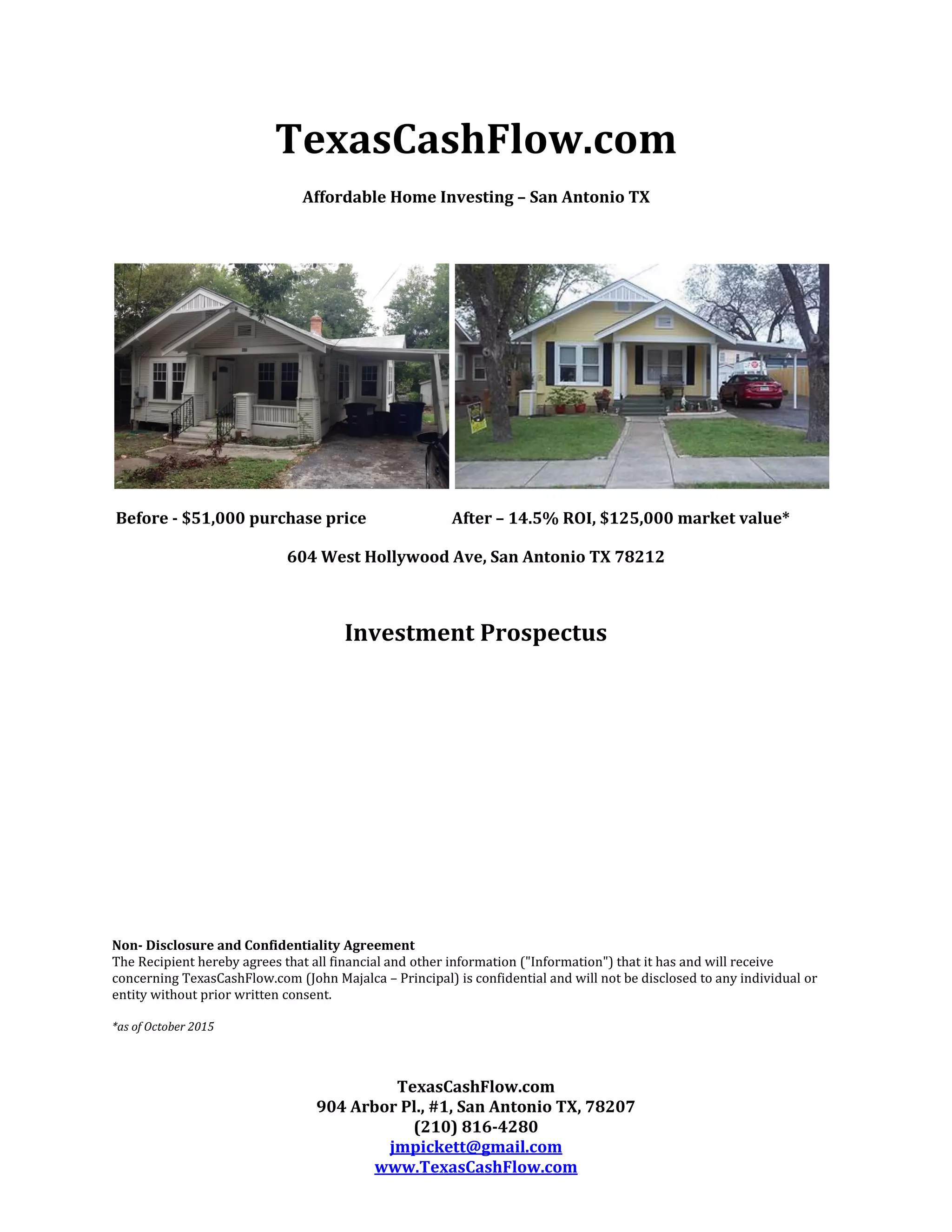 Cover slide of the TexasCashFlow.com pitch deck — 2015