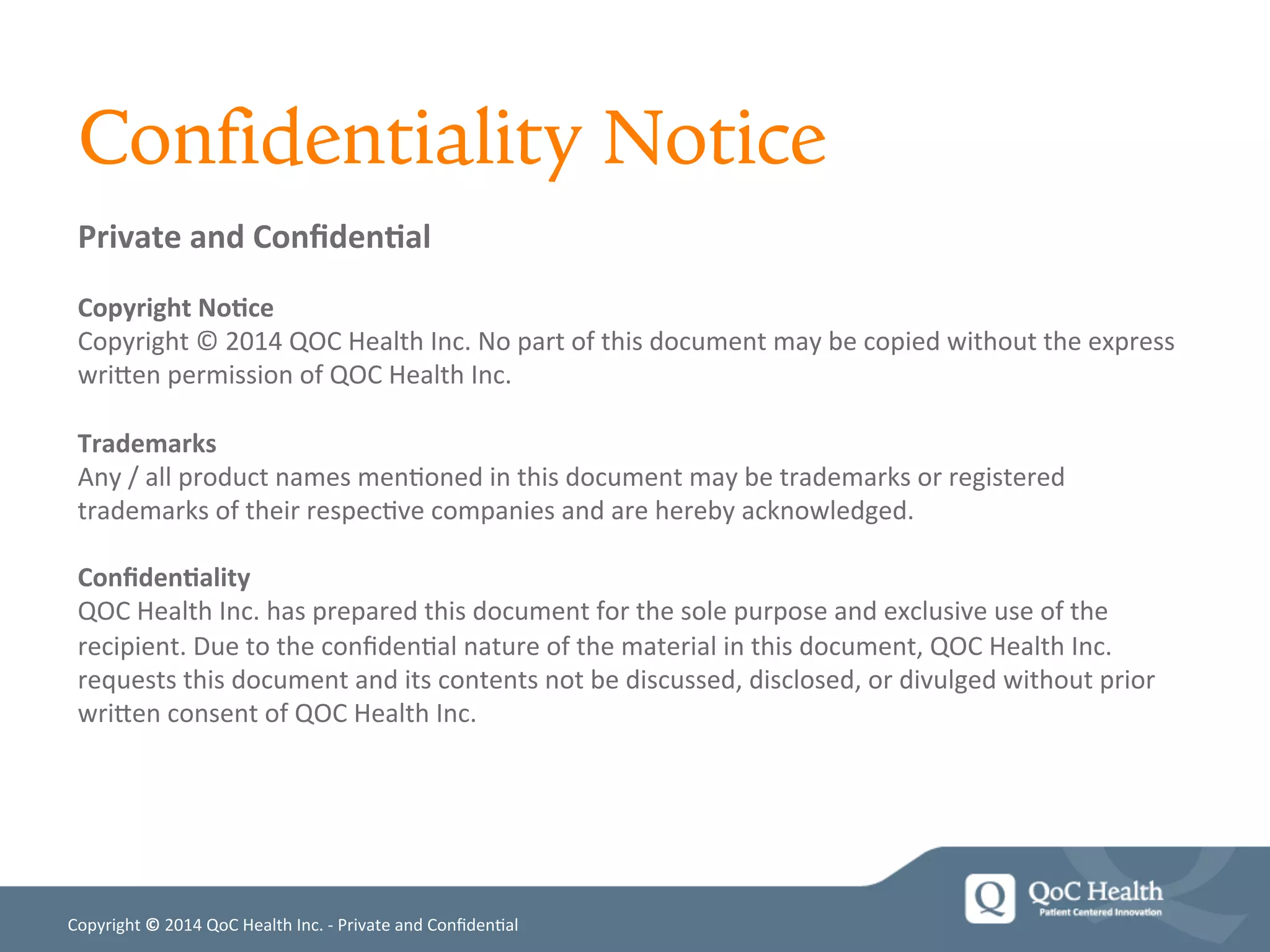 Cover slide of the QoC Health Inc. pitch deck — Seed 2014