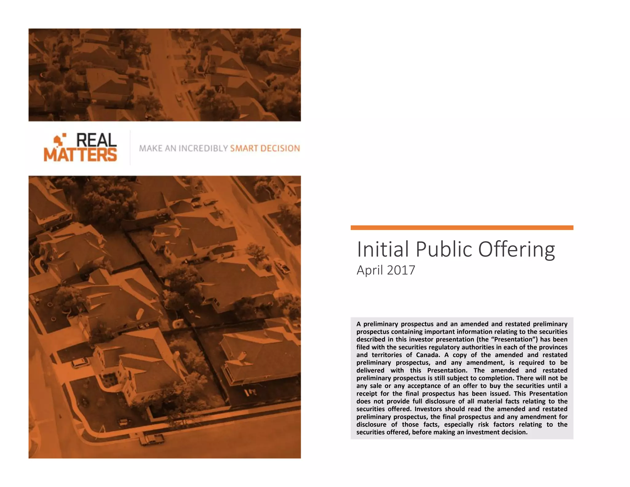 Cover slide of the Real Matters pitch deck — IPO 2017