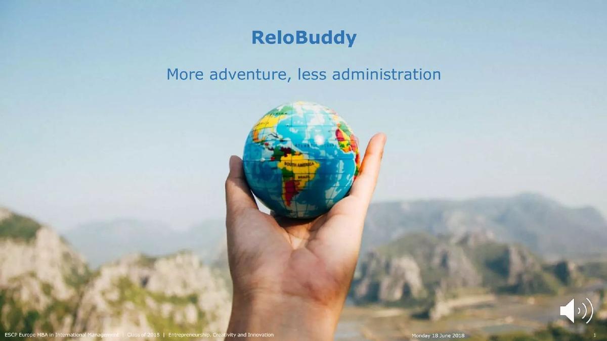 Cover slide of the ReloBuddy pitch deck — Academic / Seed 2018