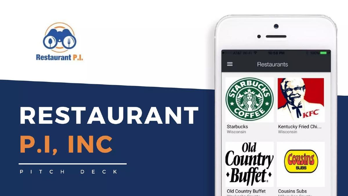 Cover slide of the Restaurant P.I., Inc. pitch deck — Early Stage / ICO 2018