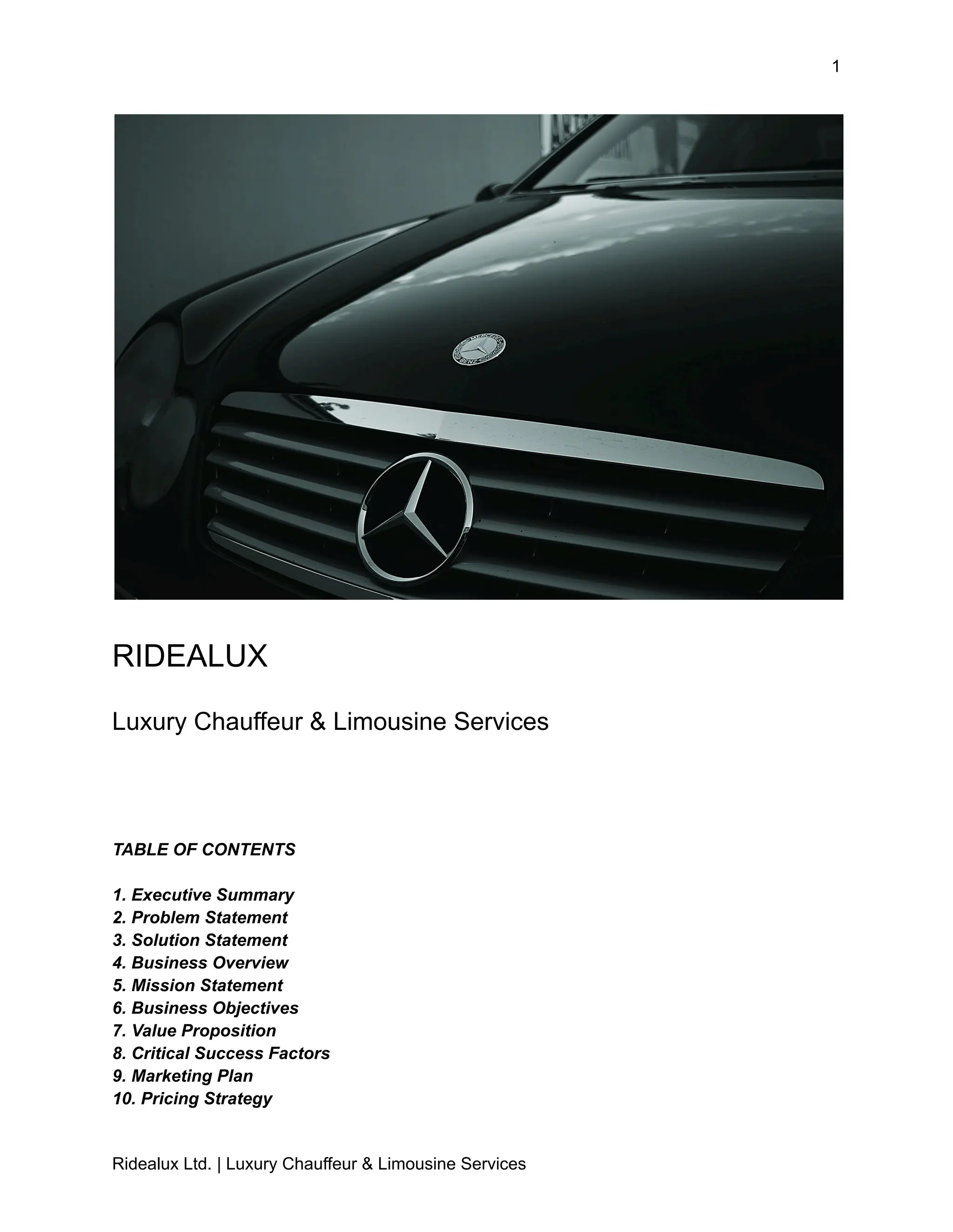 Cover slide of the Ridealux Ltd. pitch deck — Early Stage / Startup