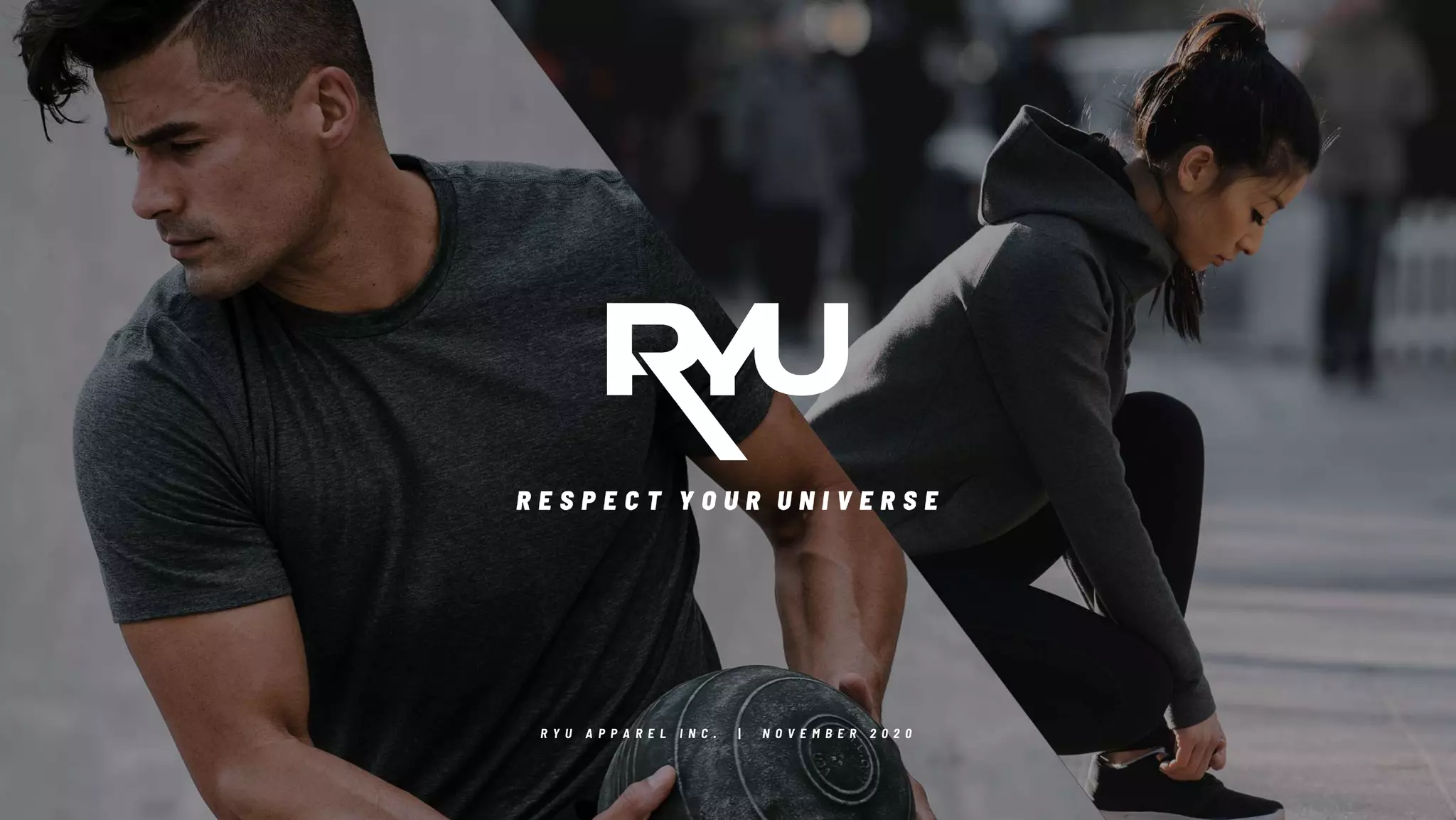 Cover slide of the RYU Apparel Inc. pitch deck — 2020