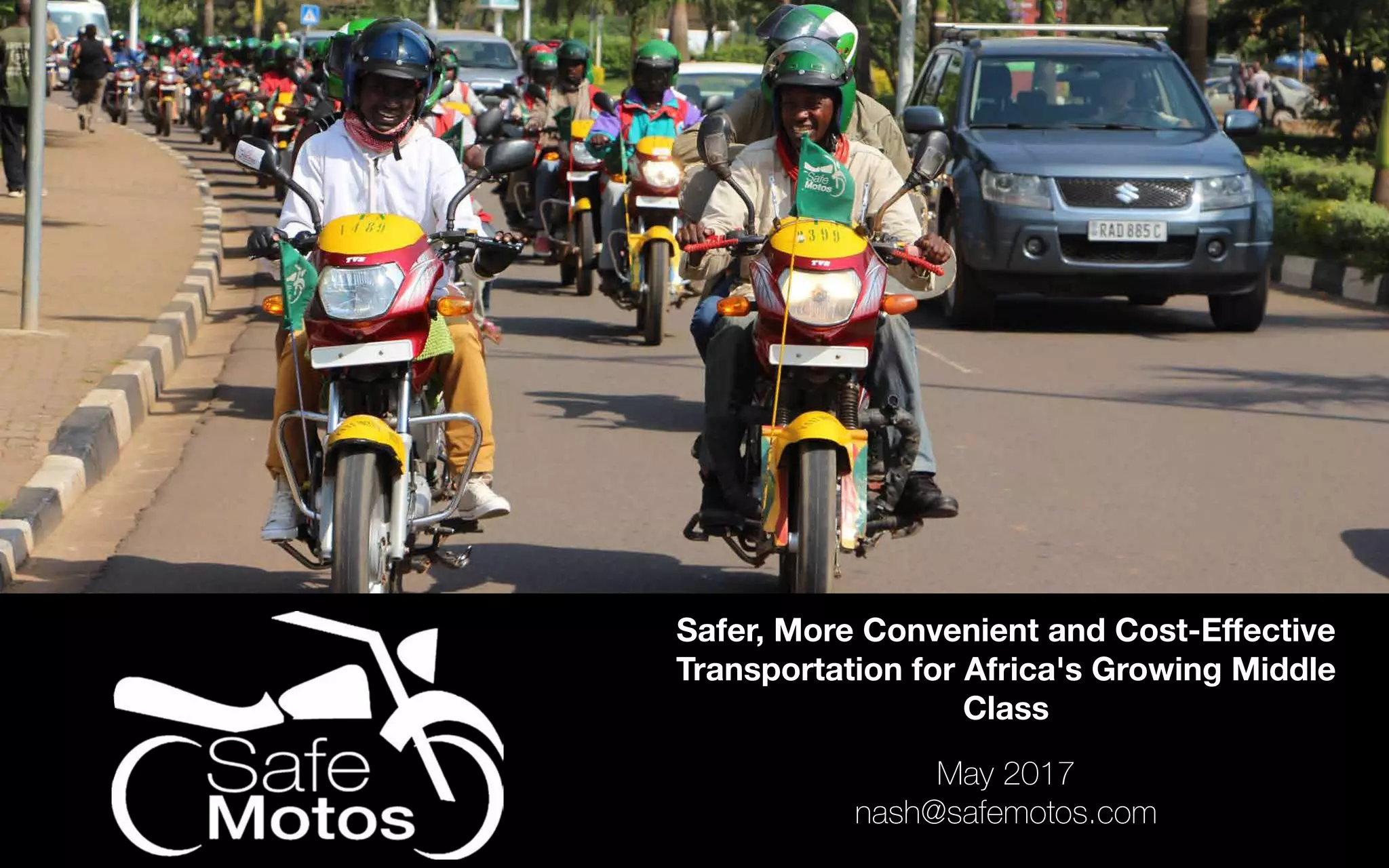Cover slide of the SafeMotos pitch deck — Early Stage 2017